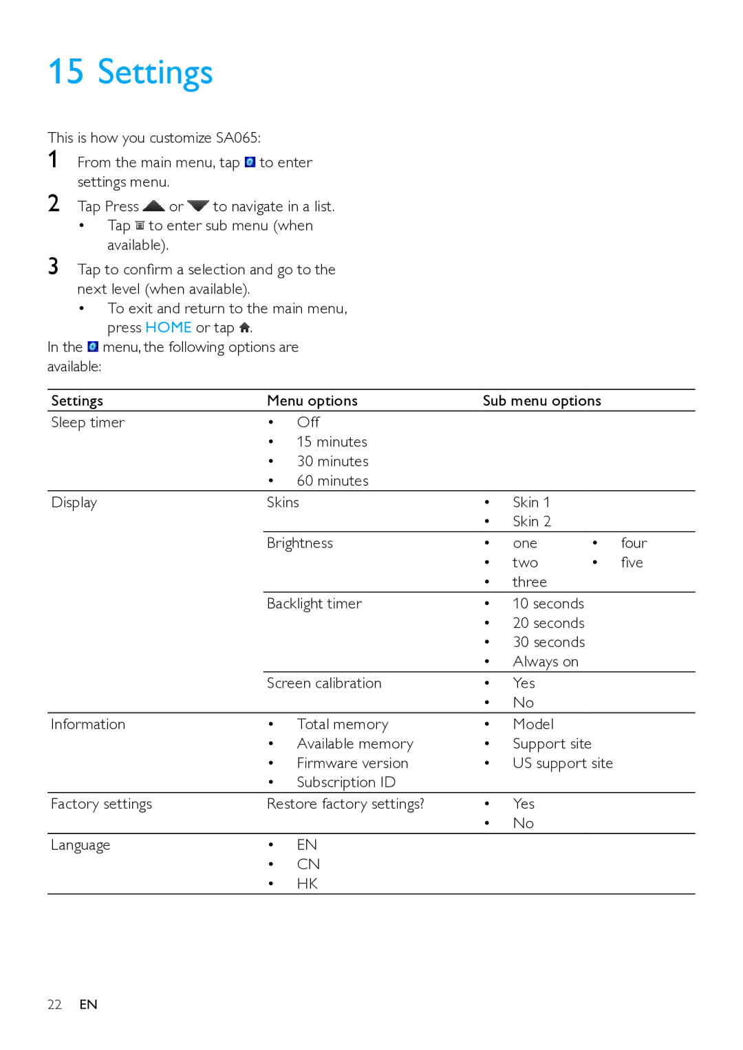 Philips SA65108, SA065104 user manual Settings 