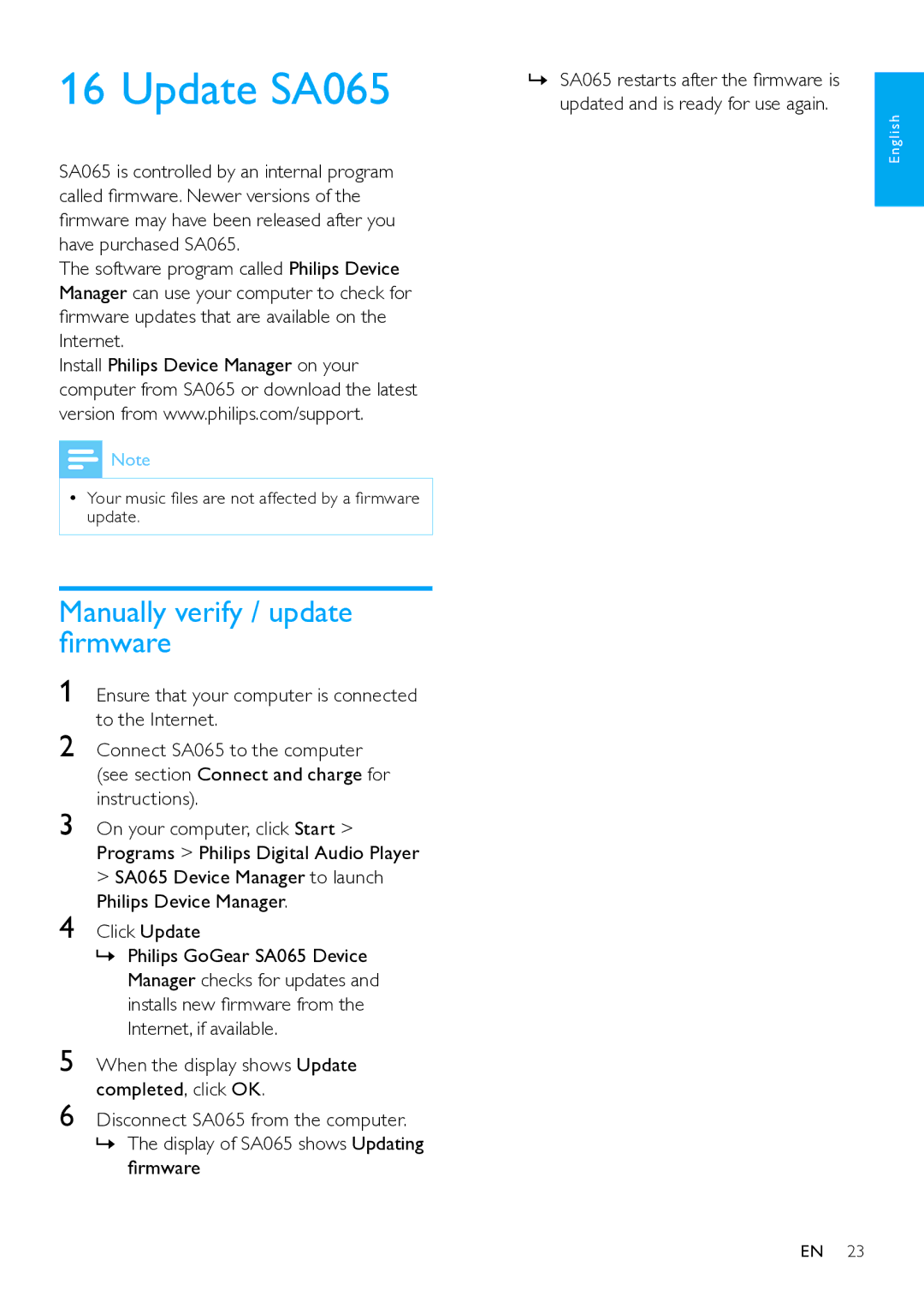 Philips SA065104 Update SA065, Manually verify / update firmware, When the display shows Update completed, click OK 