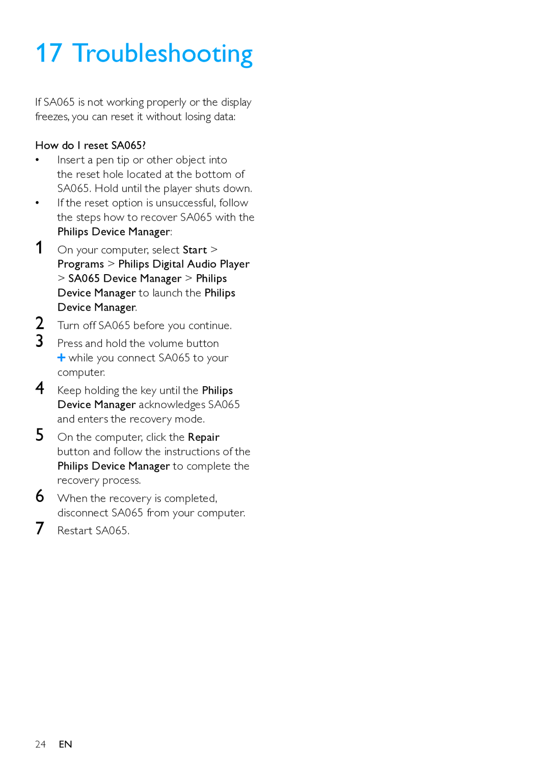 Philips SA65108, SA065104 user manual Troubleshooting, How do I reset SA065?, Restart SA065 