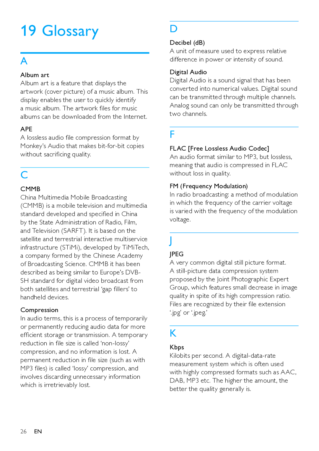 Philips SA65108, SA065104 user manual Glossary, Album art, Compression, Decibel dB, Very common digital still picture format 