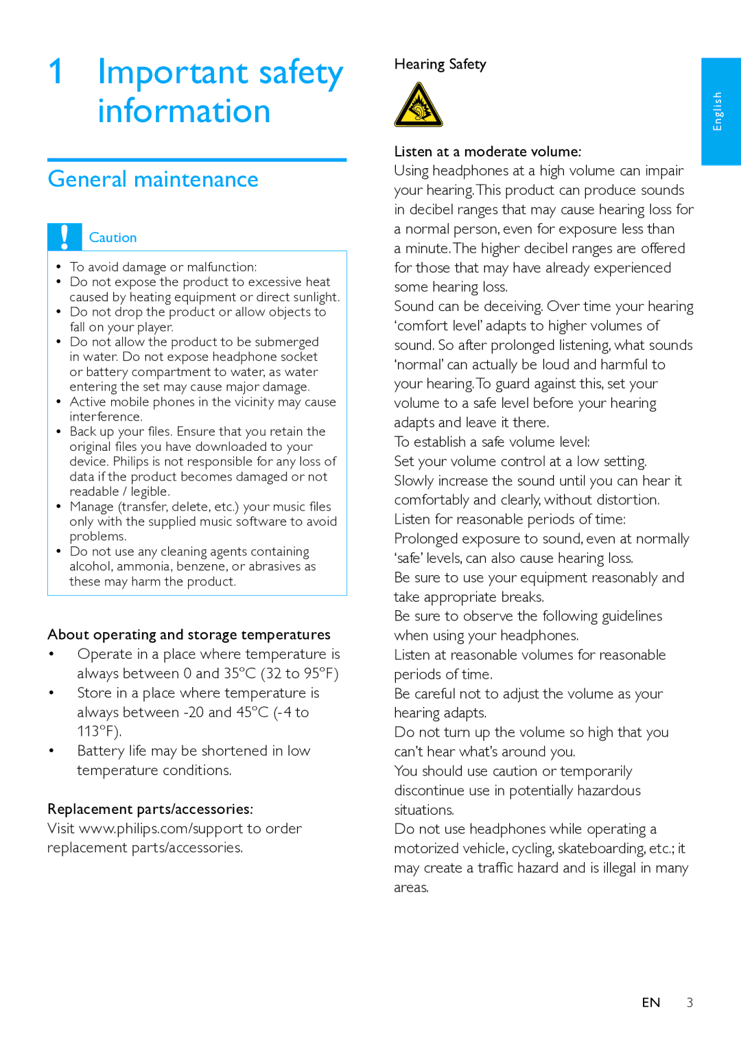 Philips SA065104, SA65108 Important safety information, General maintenance, About operating and storage temperatures 