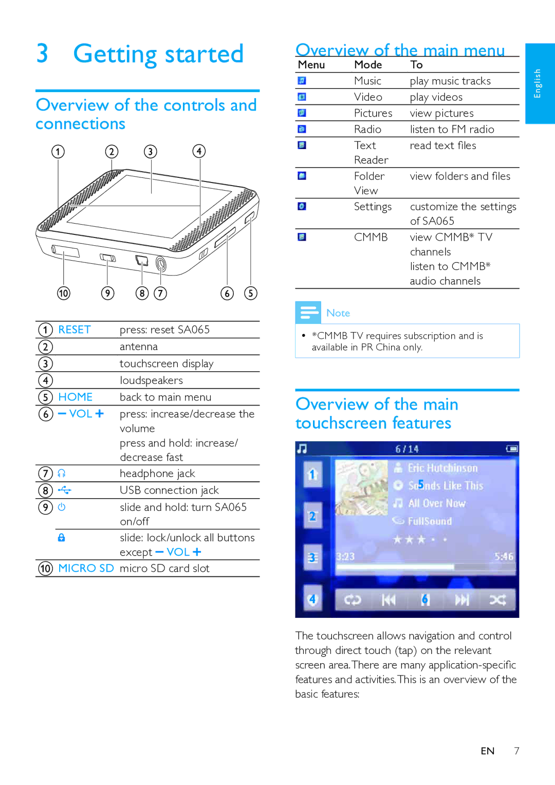 Philips SA065104, SA65108 user manual Getting started, Overview of the controls and connections, Overview of the main menu 