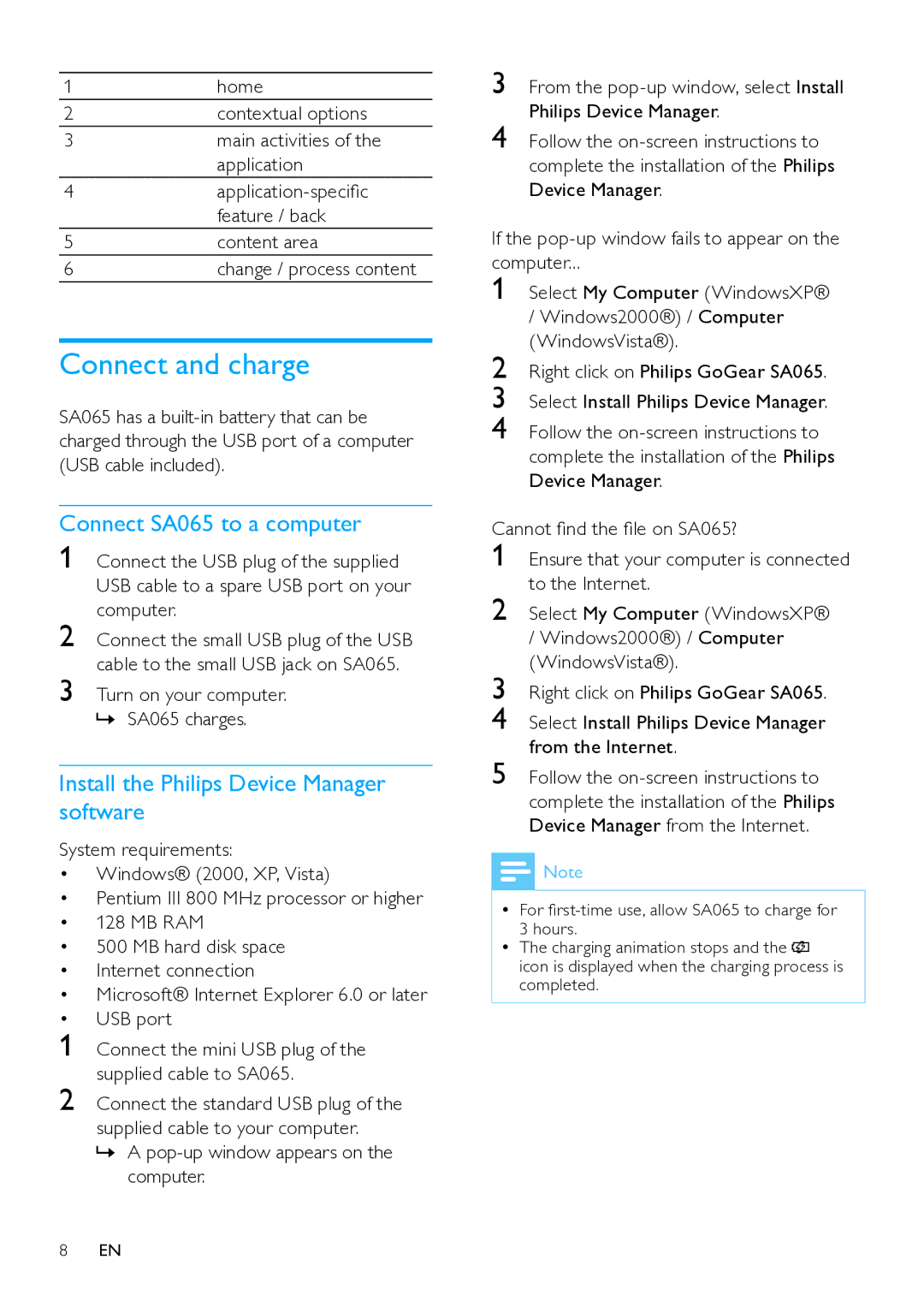 Philips SA65108, SA065104 user manual Connect and charge 