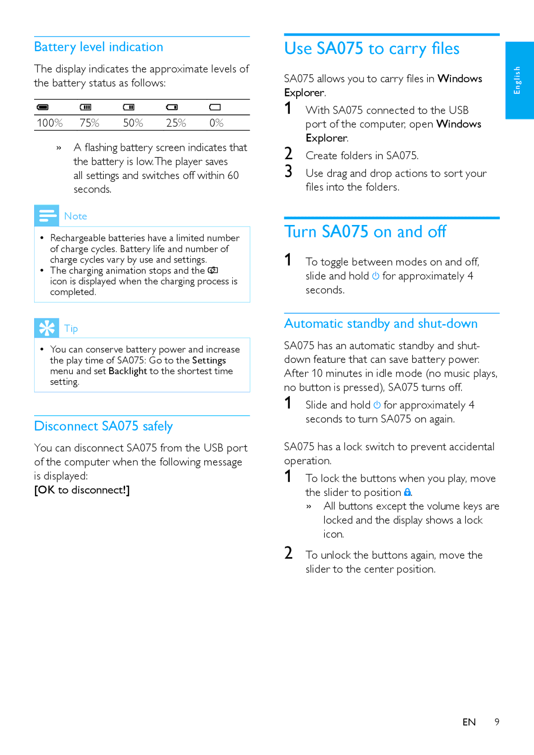 Philips SA075116 Use SA075 to carry files, Turn SA075 on and off, All settings and switches off within 60 seconds 