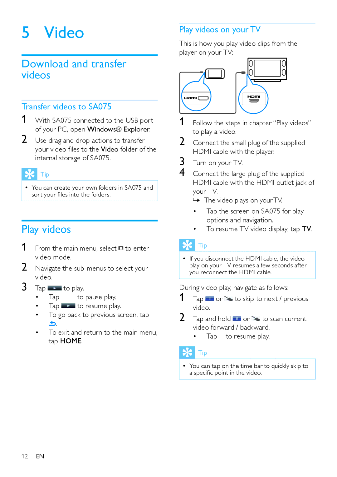 Philips SA075116, SA075108, SA075104 user manual Download and transfer videos, Play videos, Video mode 