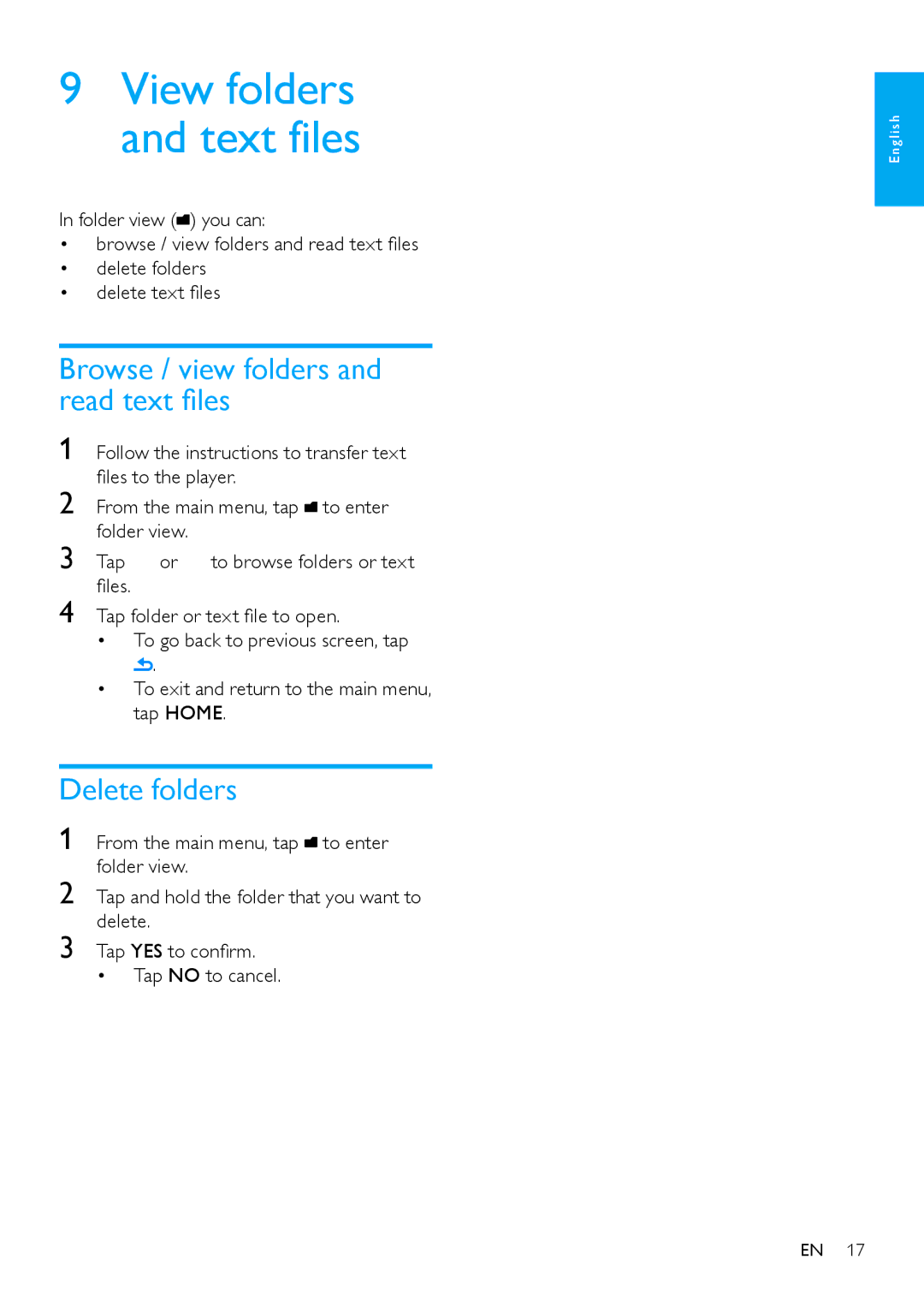 Philips SA075108, SA075116, SA075104 user manual Browse / view folders and read text files, Delete folders 