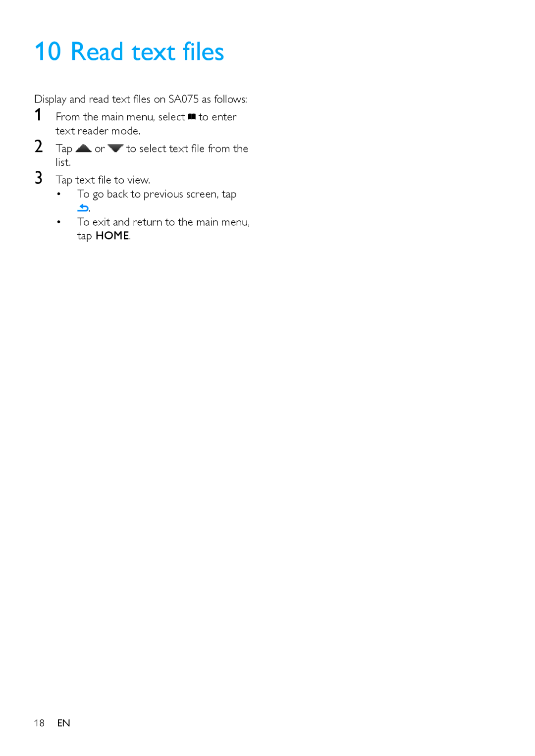 Philips SA075116, SA075108, SA075104 user manual Read text files 