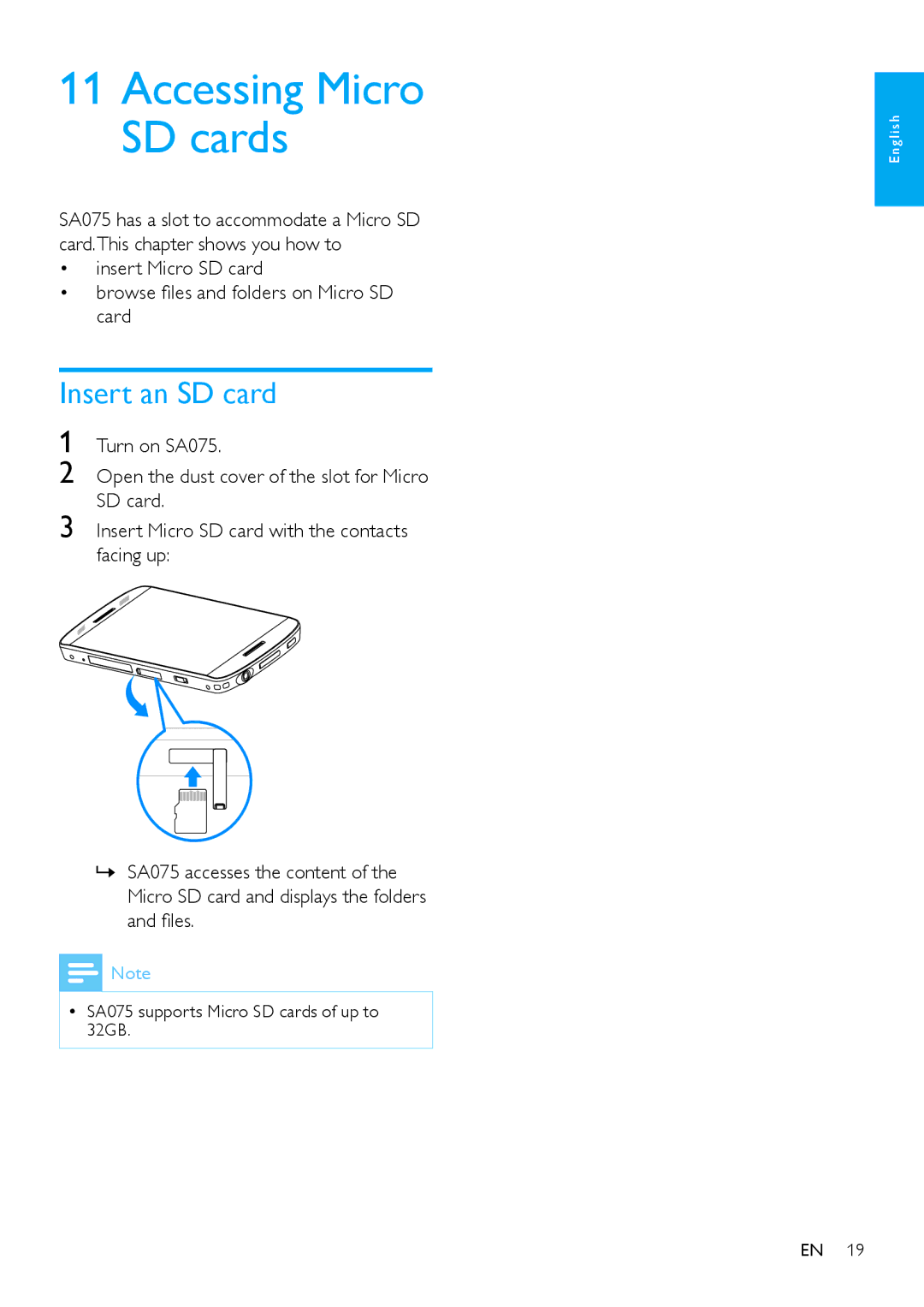 Philips SA075104, SA075108, SA075116 user manual Accessing Micro SD cards, Insert an SD card 