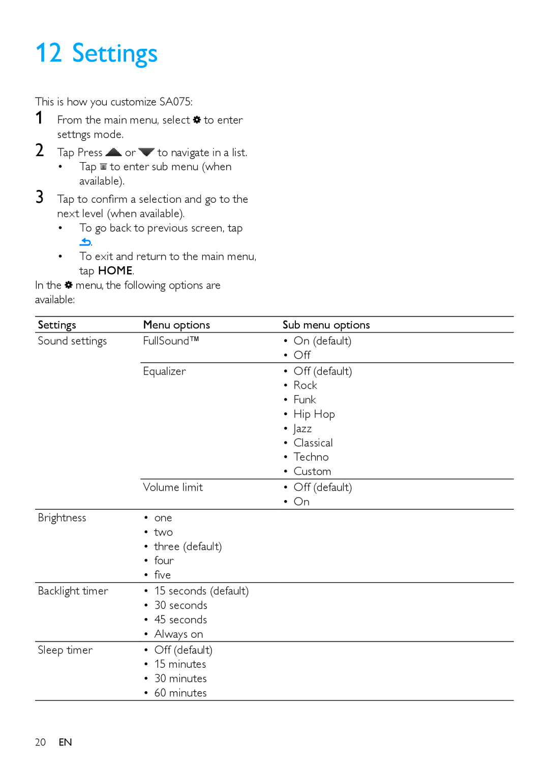 Philips SA075108, SA075116, SA075104 user manual Settings 