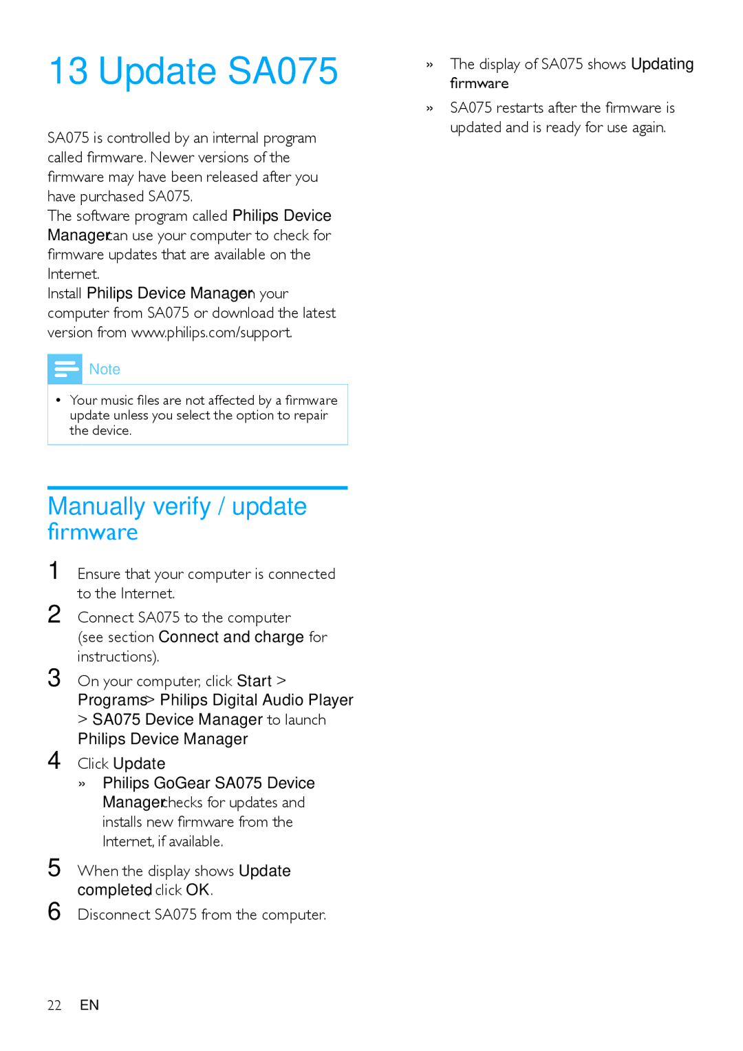 Philips SA075104, SA075108, SA075116 user manual Update SA075, Manually verify / update firmware 