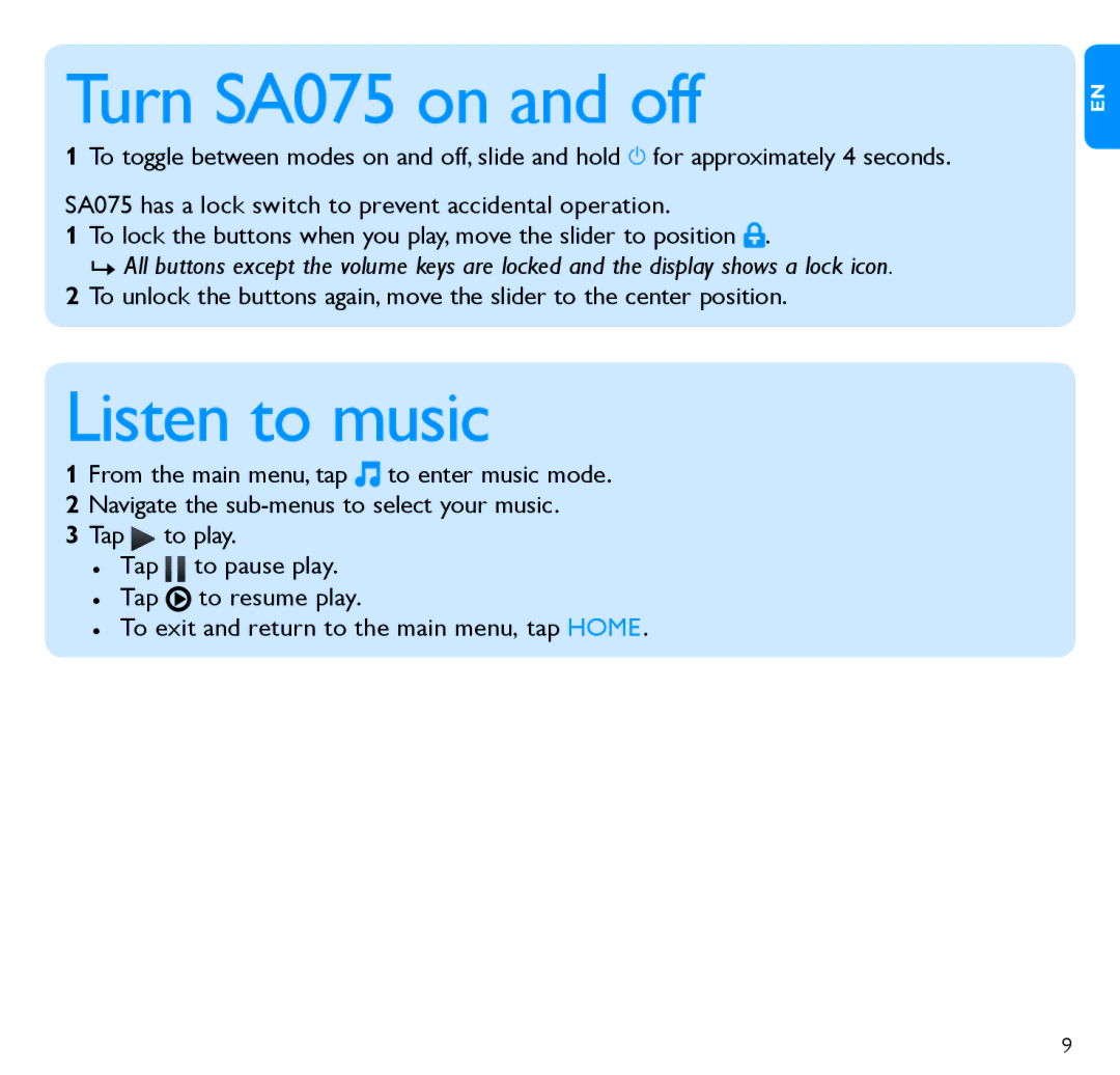 Philips SA075116K, SA075108K, SA075104K quick start Turn SA075 on and off, Listen to music, 333Tap 