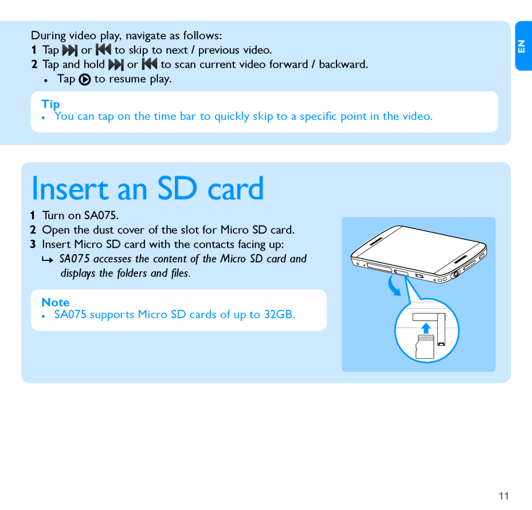 Philips SA075108K, SA075116K, SA075104K quick start Insert an SD card 