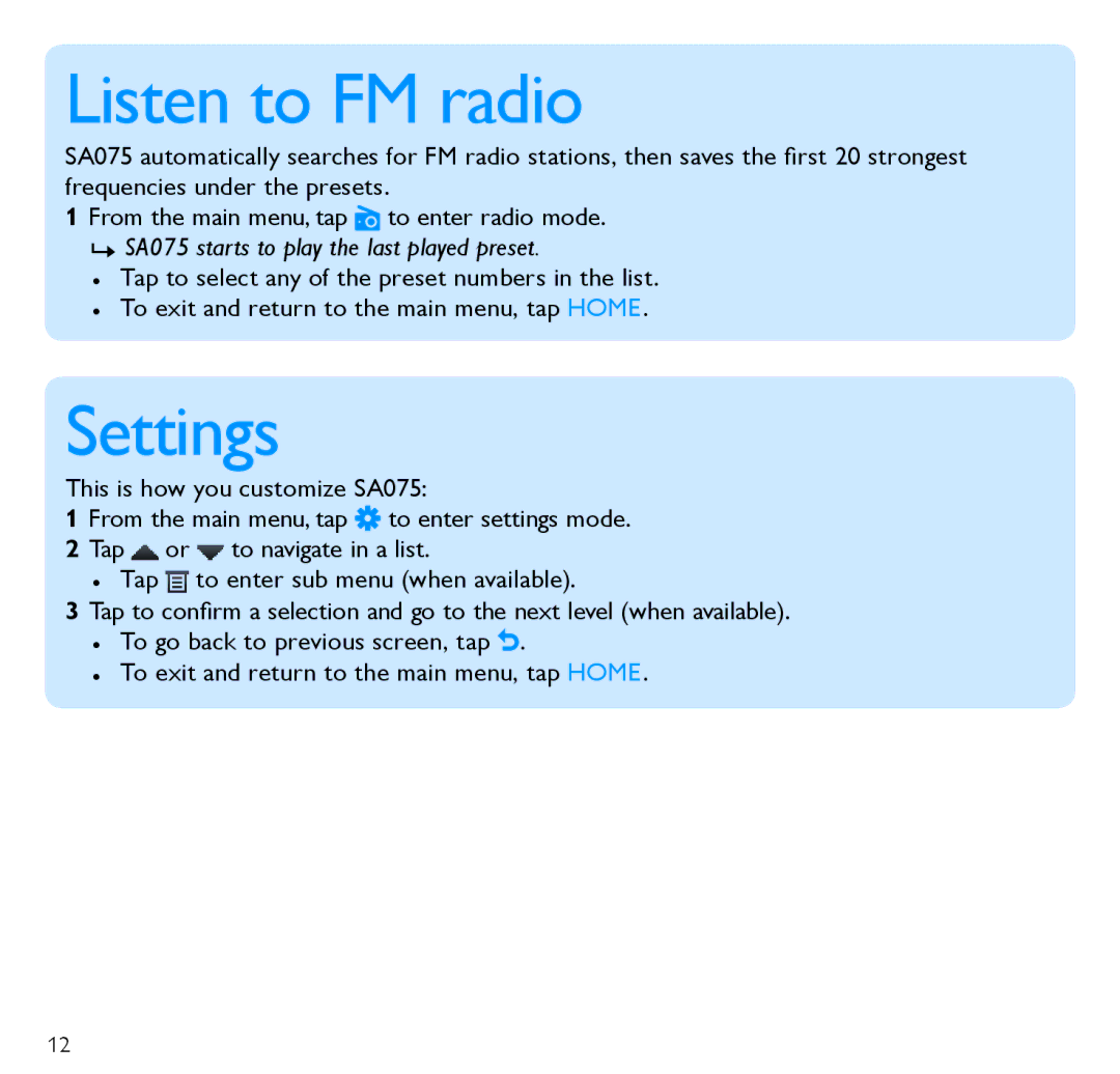 Philips SA075104K, SA075116K, SA075108K quick start Listen to FM radio, Settings, 222Tap 