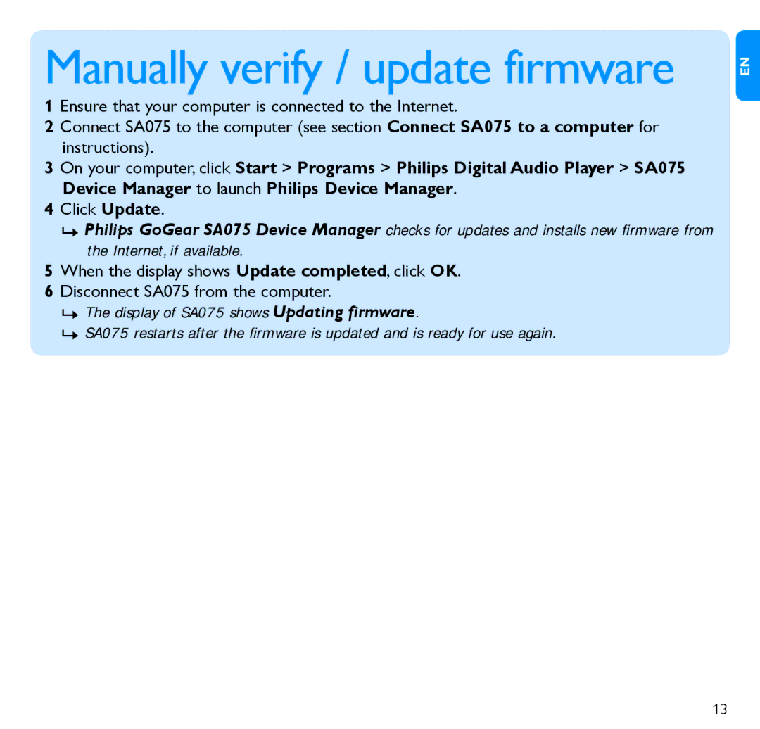 Philips SA075116K, SA075108K, SA075104K quick start Manually verify / update firmware 