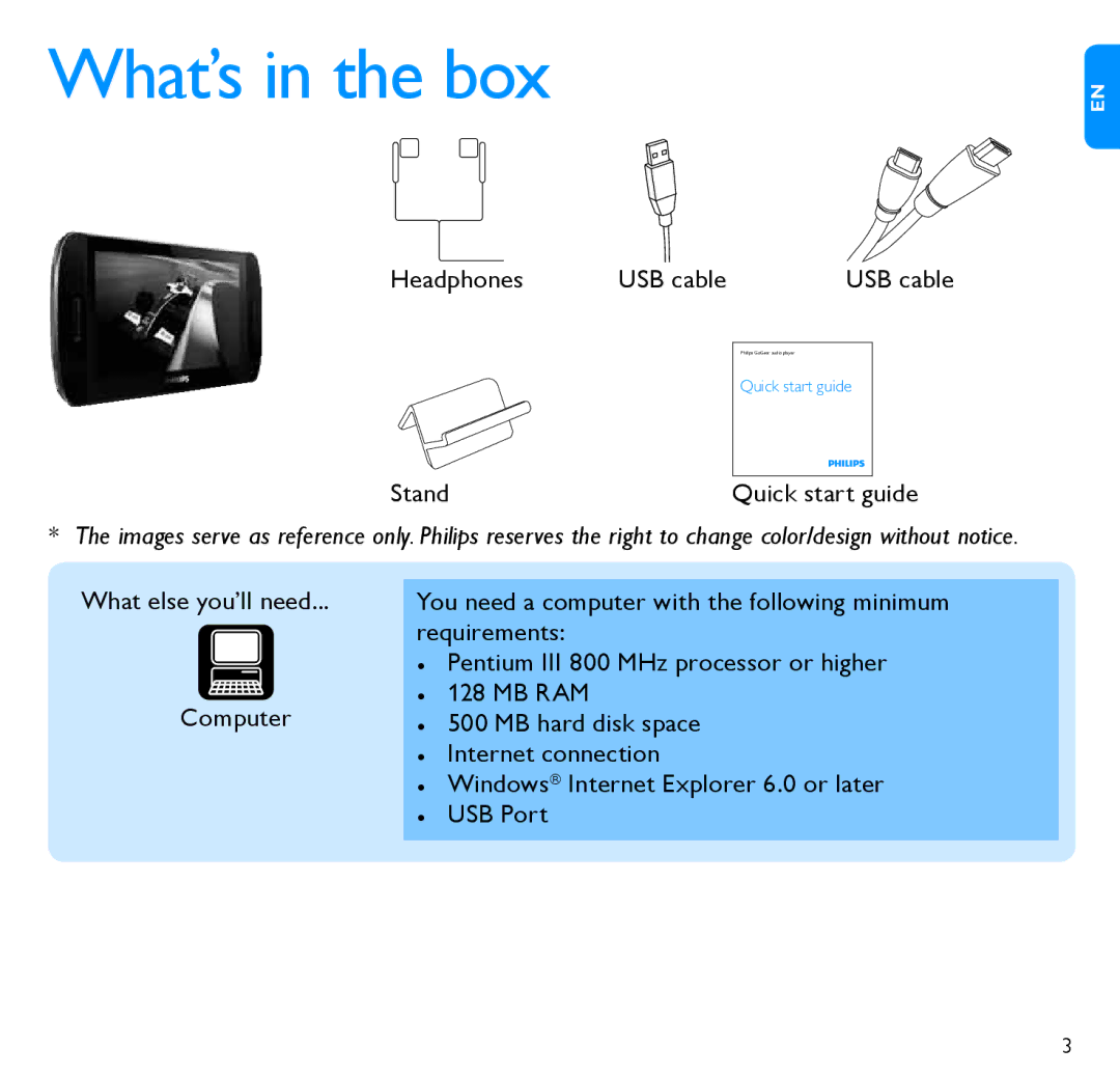 Philips SA075108K, SA075116K, SA075104K quick start What’s in the box, Stand Quick start guide 