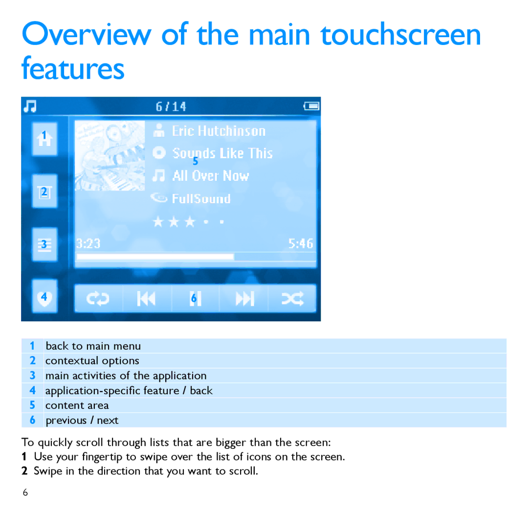 Philips SA075116K, SA075108K, SA075104K quick start Overview of the main touchscreen features 