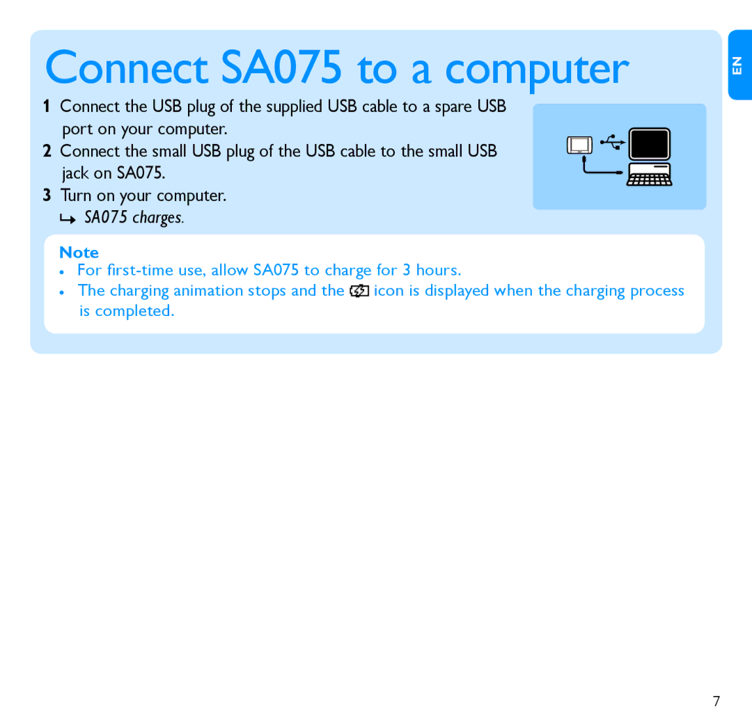 Philips SA075108K, SA075116K, SA075104K quick start Connect SA075 to a computer 