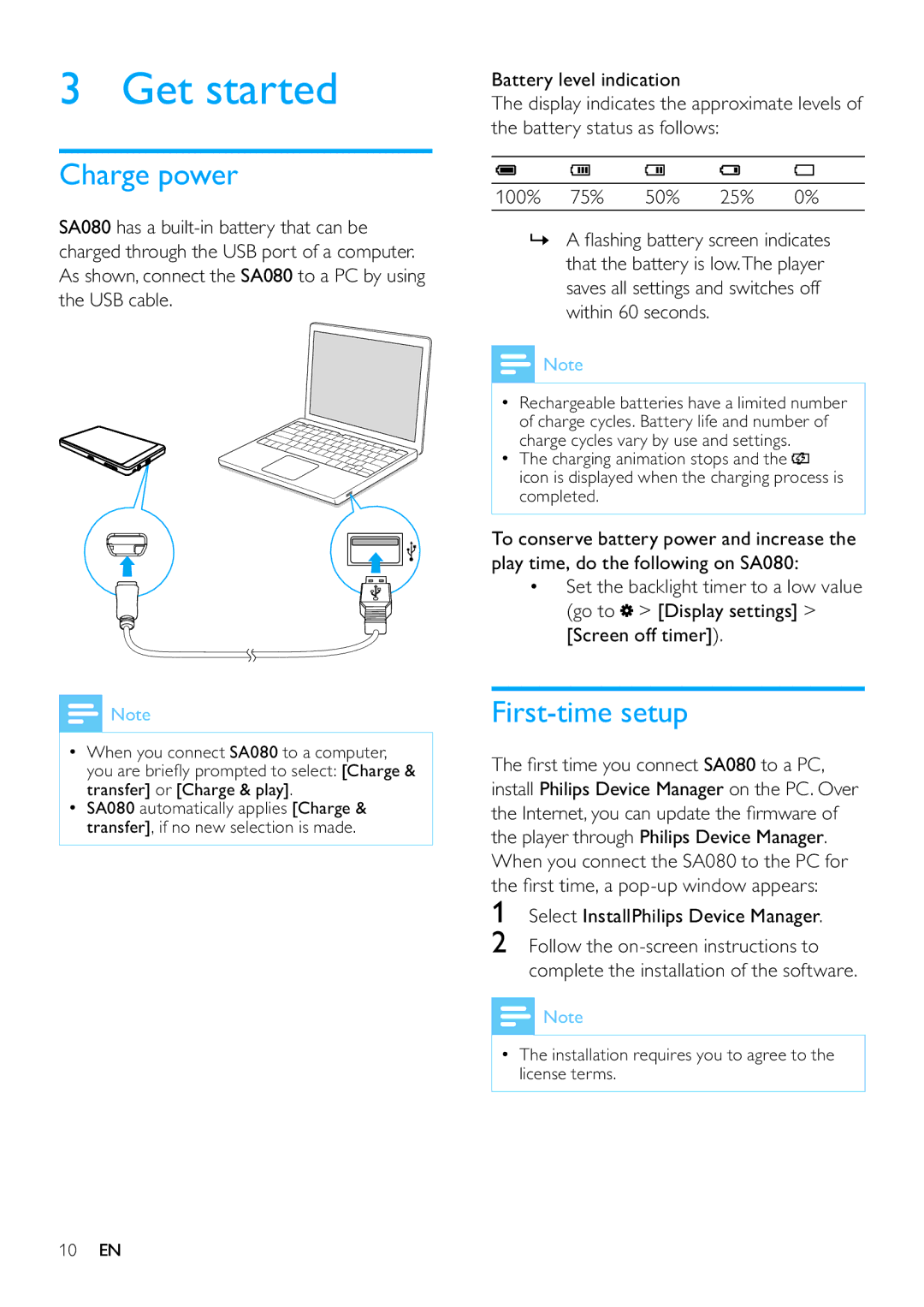 Philips SA080316, SA080308 user manual Get started, Charge power, First-time setup, Select InstallPhilips Device Manager 