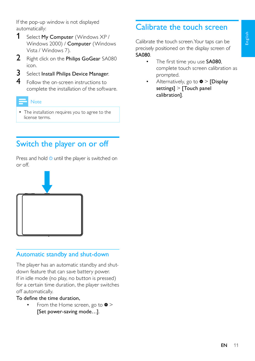 Philips SA080308, SA080316 Switch the player on or off, Calibrate the touch screen, Automatic standby and shut-down 