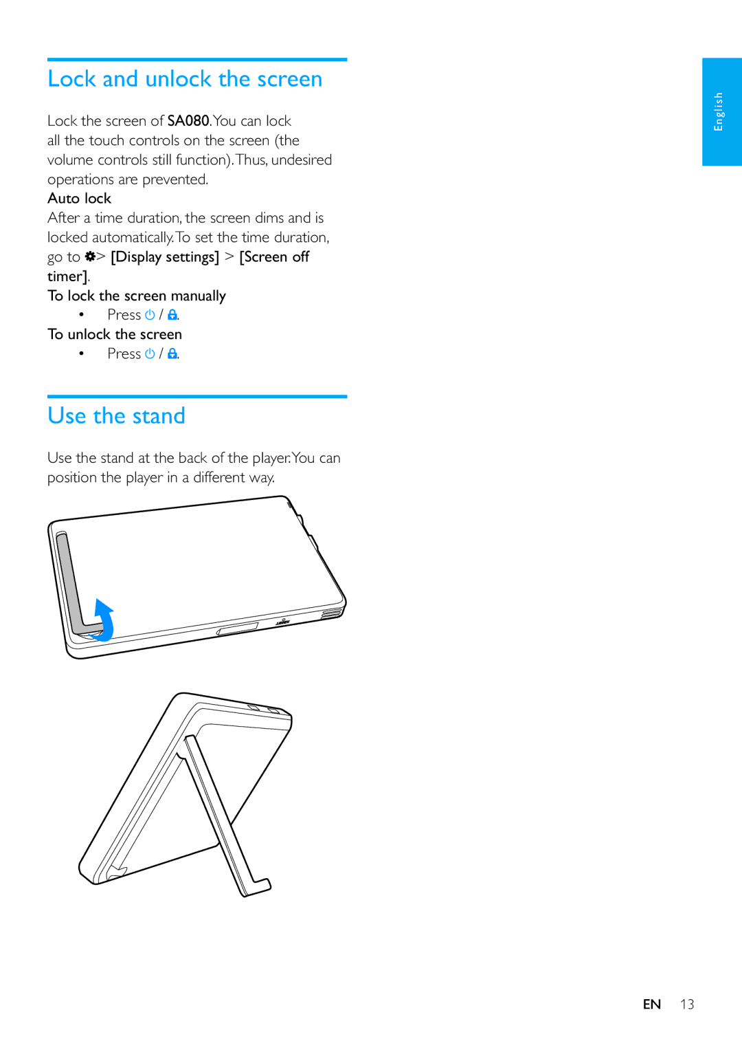 Philips SA080308, SA080316 user manual Lock and unlock the screen, Use the stand, Press 