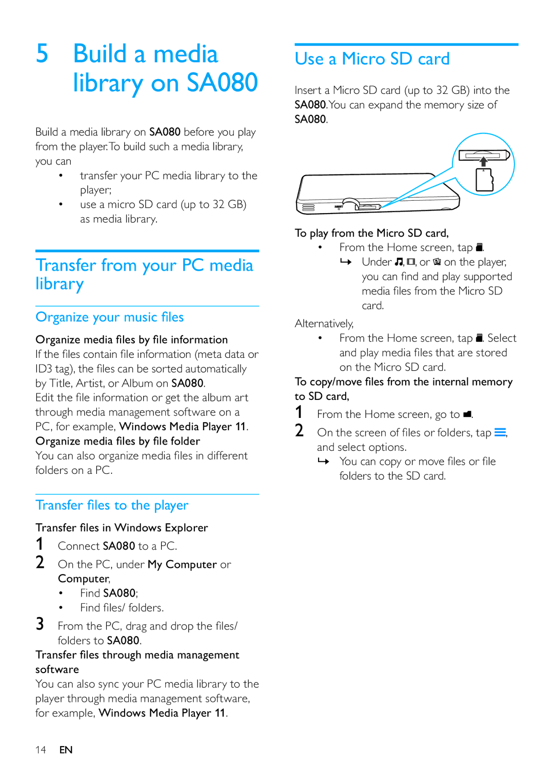 Philips SA080316, SA080308 user manual Transfer from your PC media library, Use a Micro SD card, Organize your music ﬁles 