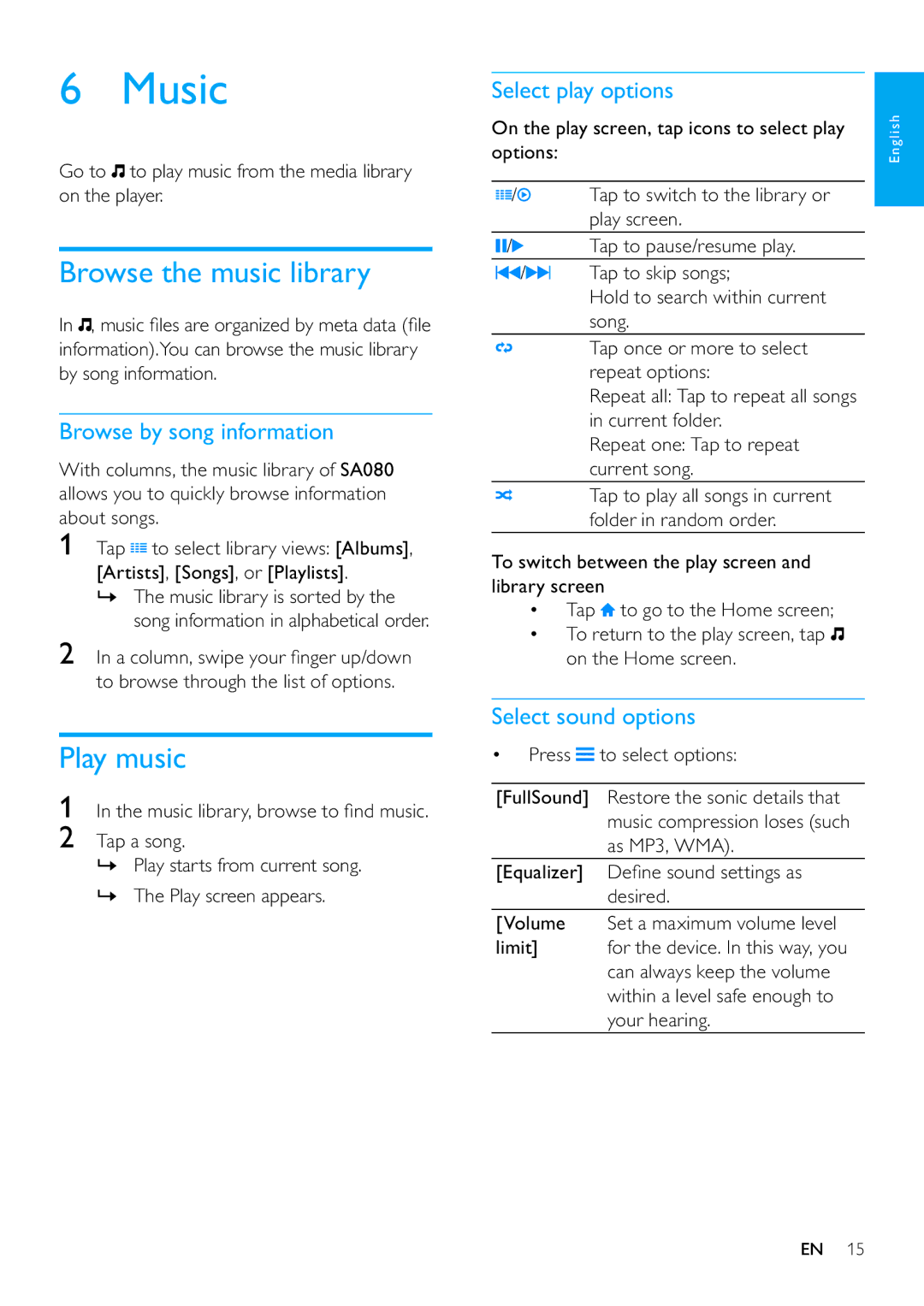 Philips SA080308, SA080316 user manual Music, Browse the music library, Play music 