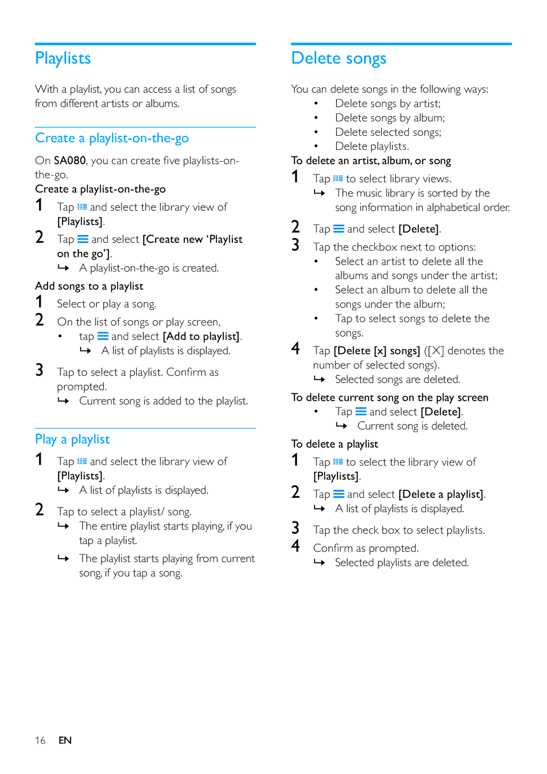 Philips SA080316, SA080308 user manual Playlists, Delete songs, Create a playlist-on-the-go, Play a playlist 
