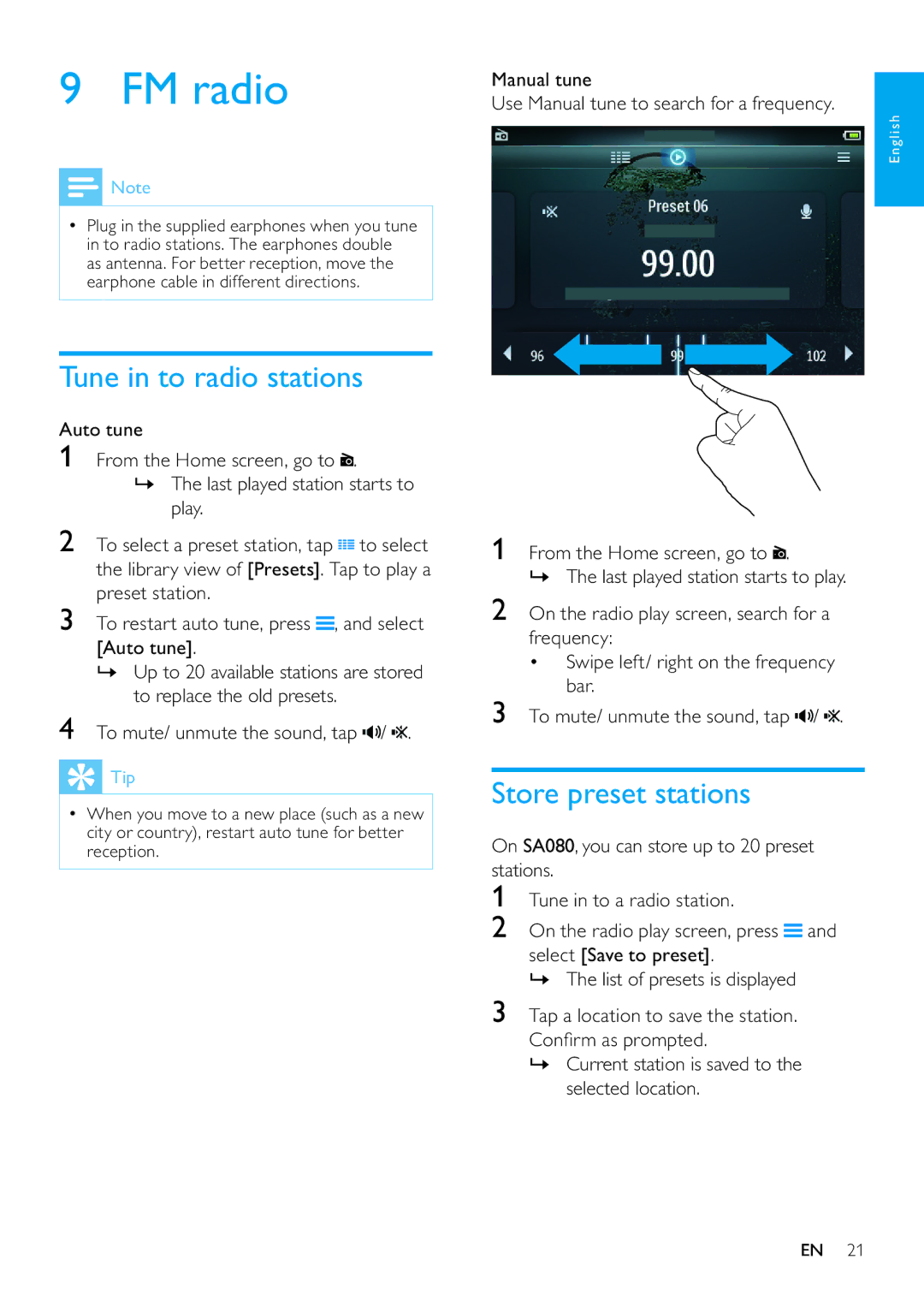 Philips SA080308, SA080316 user manual FM radio, Tune in to radio stations, Store preset stations 