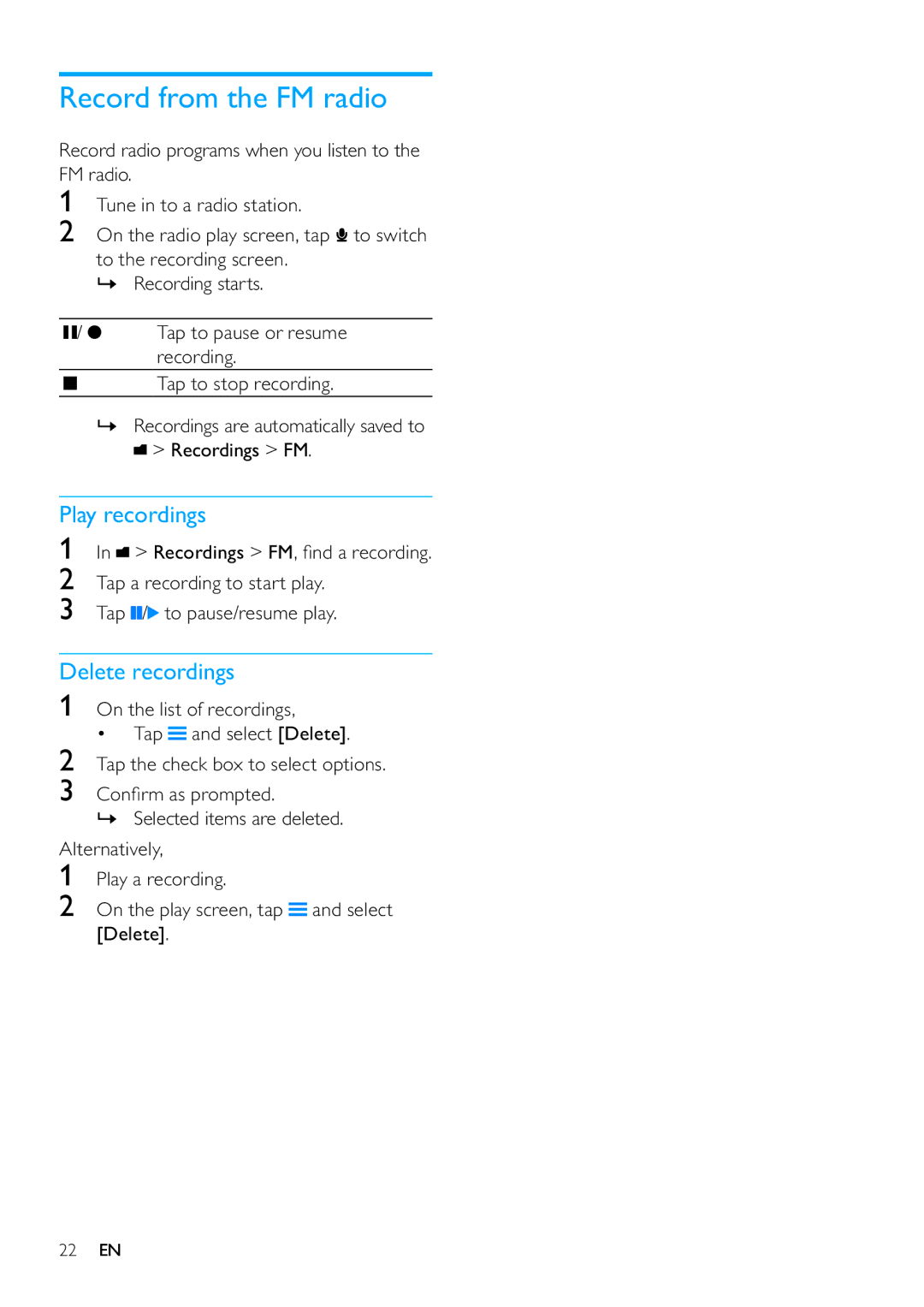 Philips SA080316, SA080308 user manual Record from the FM radio, Play recordings, Delete recordings 