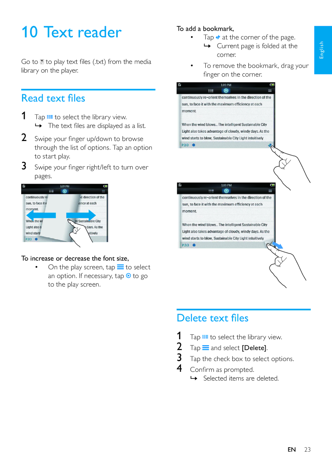 Philips SA080308, SA080316 user manual Text reader, Read text ﬁles, Delete text ﬁles 