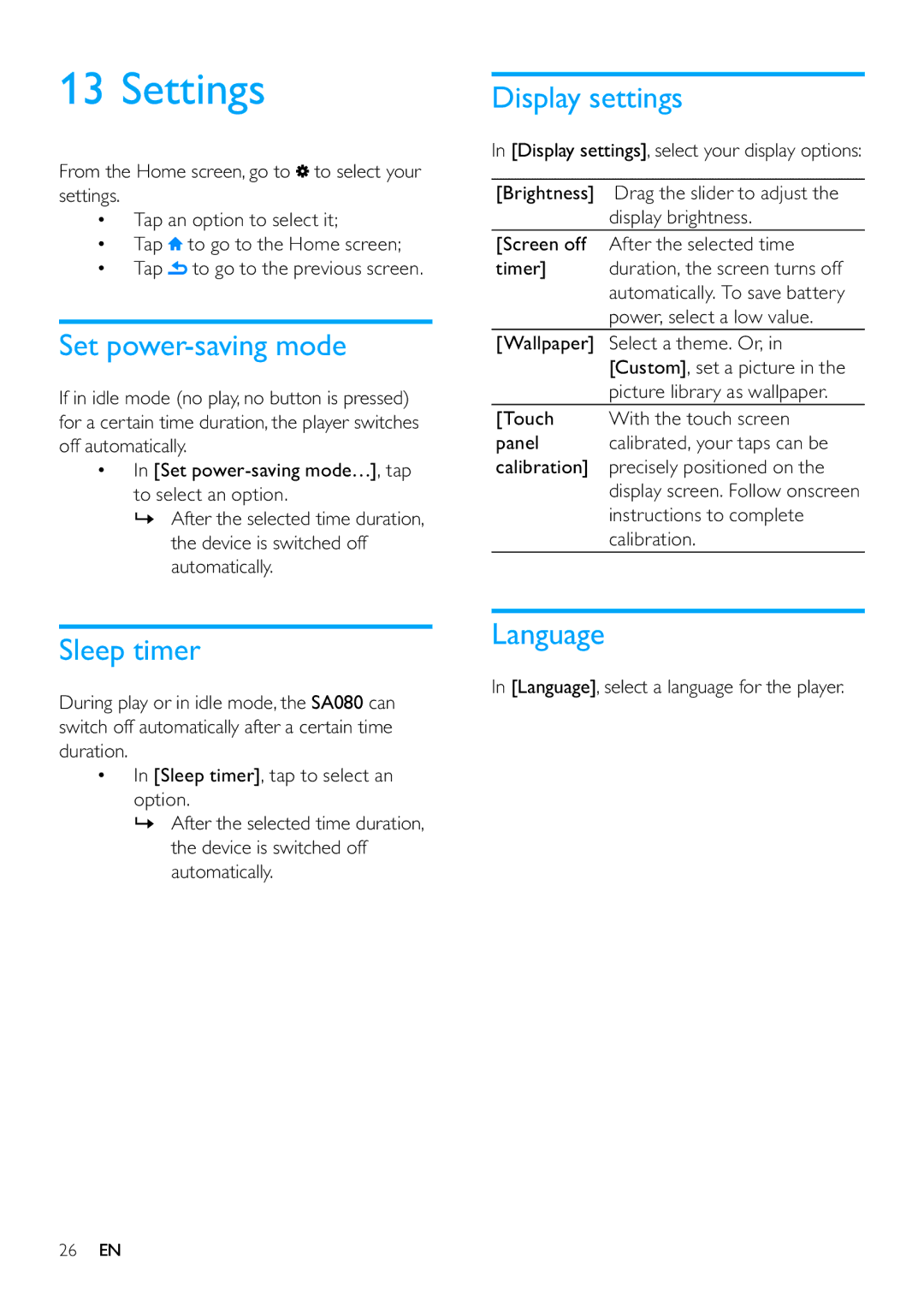 Philips SA080316, SA080308 user manual Settings, Set power-saving mode, Display settings, Sleep timer, Language 