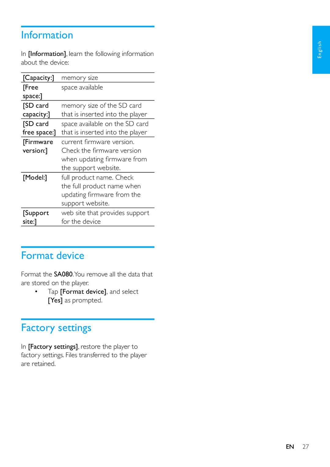 Philips SA080308, SA080316 user manual Information, Format device, Factory settings 