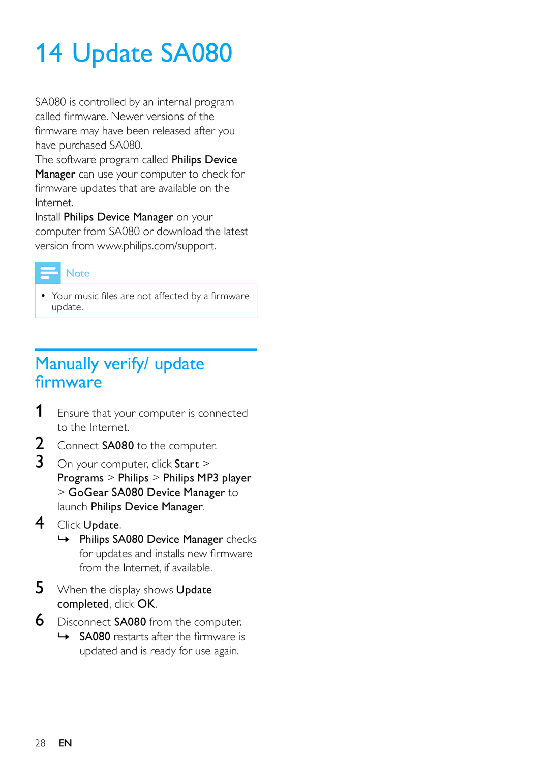 Philips SA080316, SA080308 user manual Update SA080, Manually verify/ update ﬁrmware 