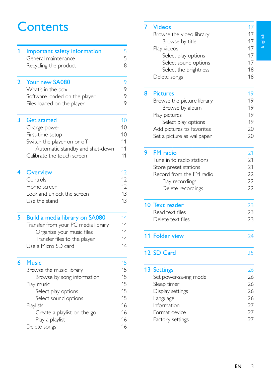 Philips SA080308, SA080316 user manual Contents 