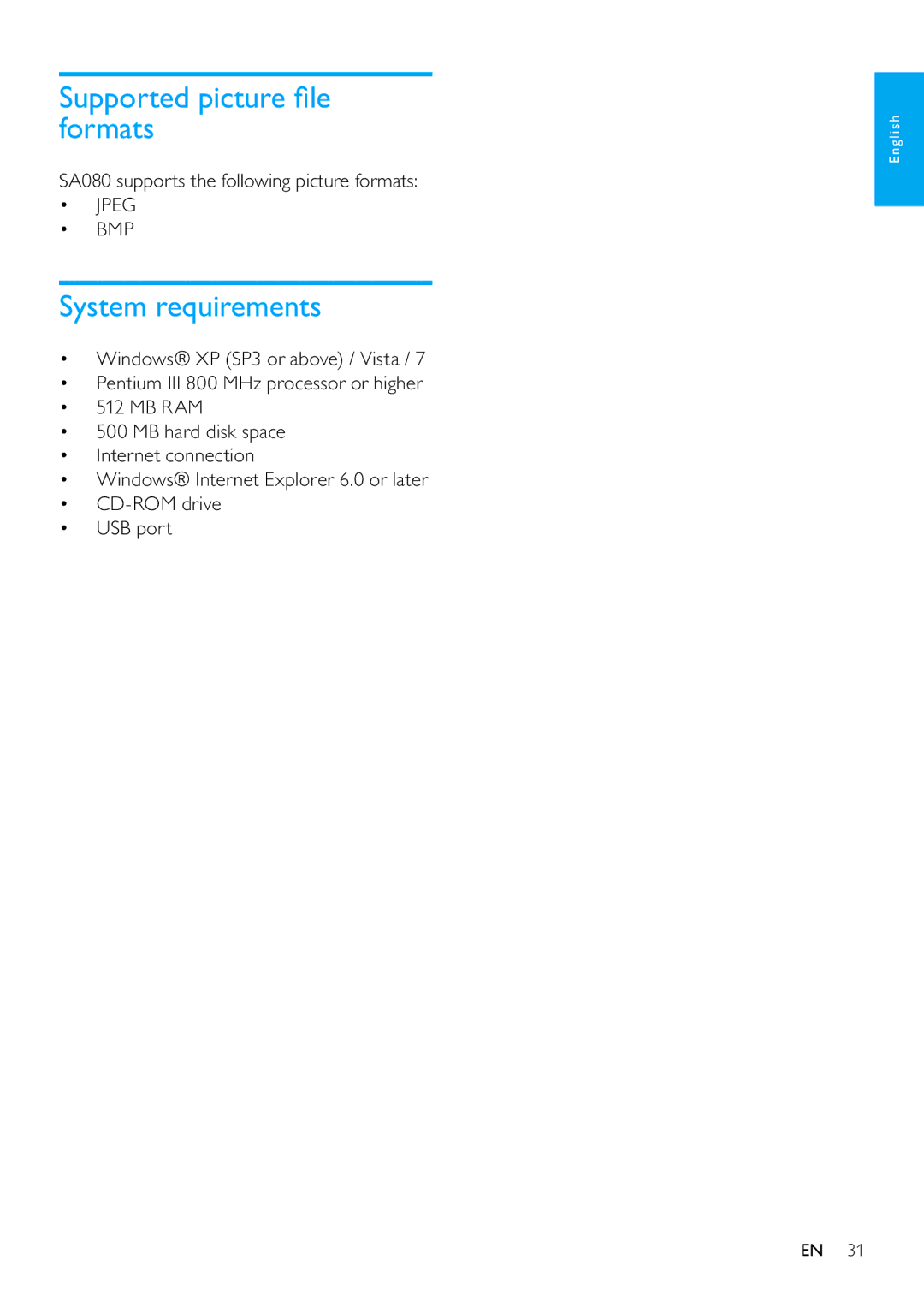 Philips SA080308 Supported picture ﬁle formats, System requirements, SA080 supports the following picture formats 