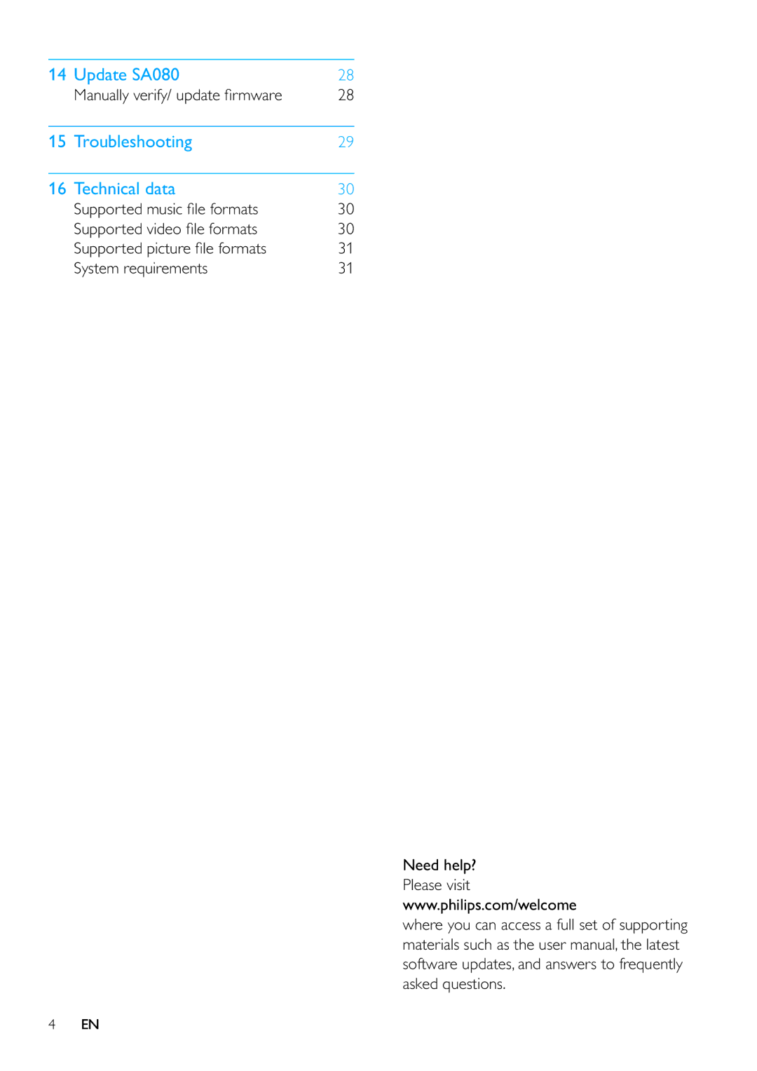 Philips SA080316, SA080308 user manual Troubleshooting Technical data, Manually verify/ update ﬁrmware 