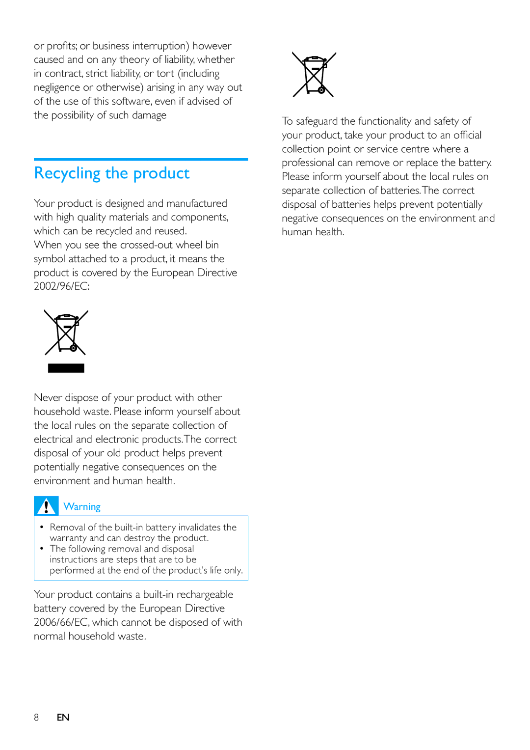 Philips SA080316, SA080308 user manual Recycling the product 