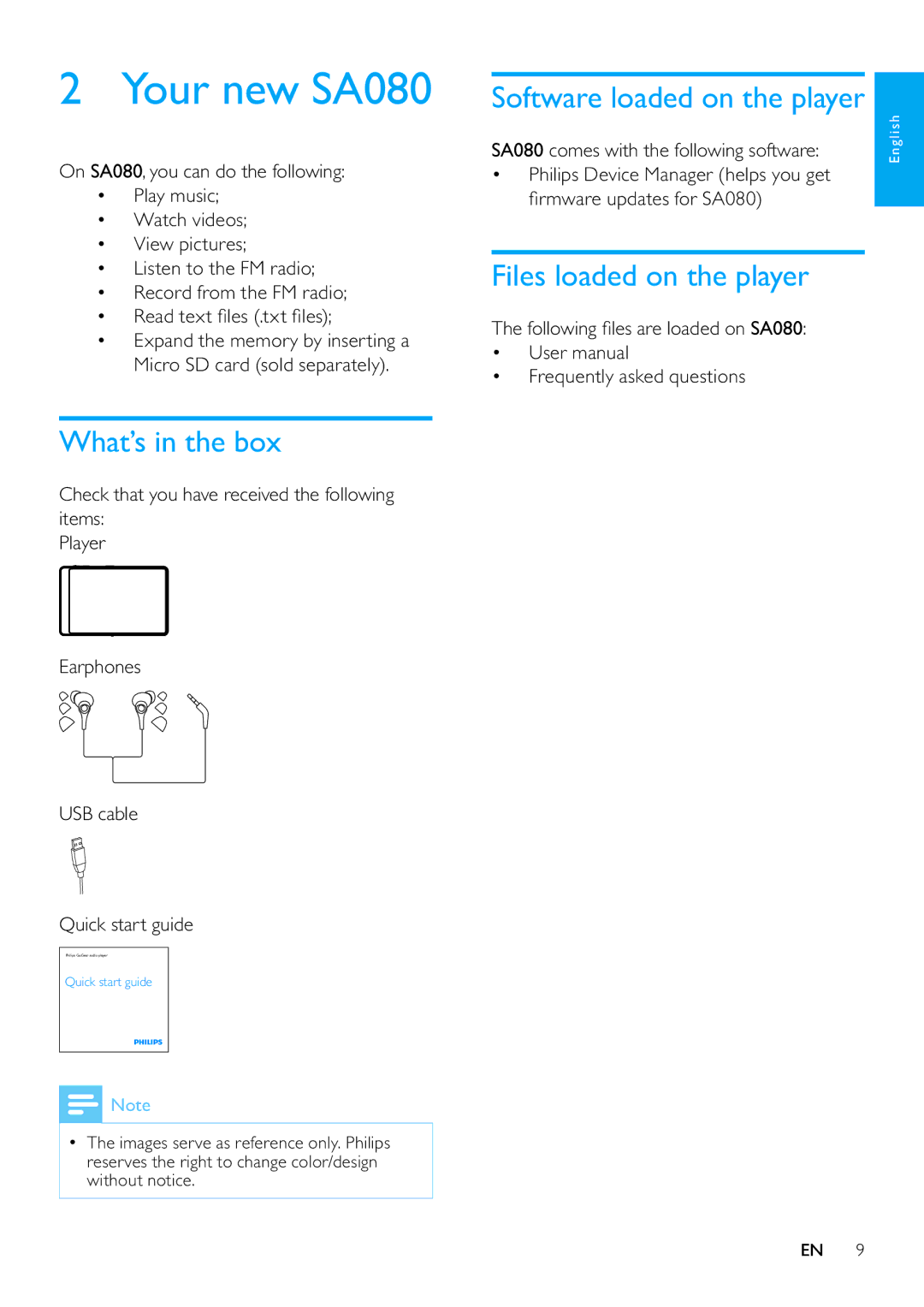 Philips SA080308, SA080316 Your new SA080, What’s in the box, Software loaded on the player, Files loaded on the player 