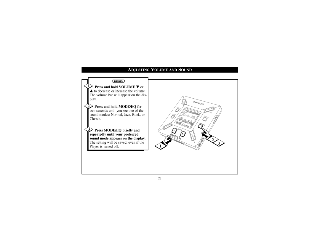 Philips SA101 manual Adjusting Volume and Sound, Press and hold Volume or 