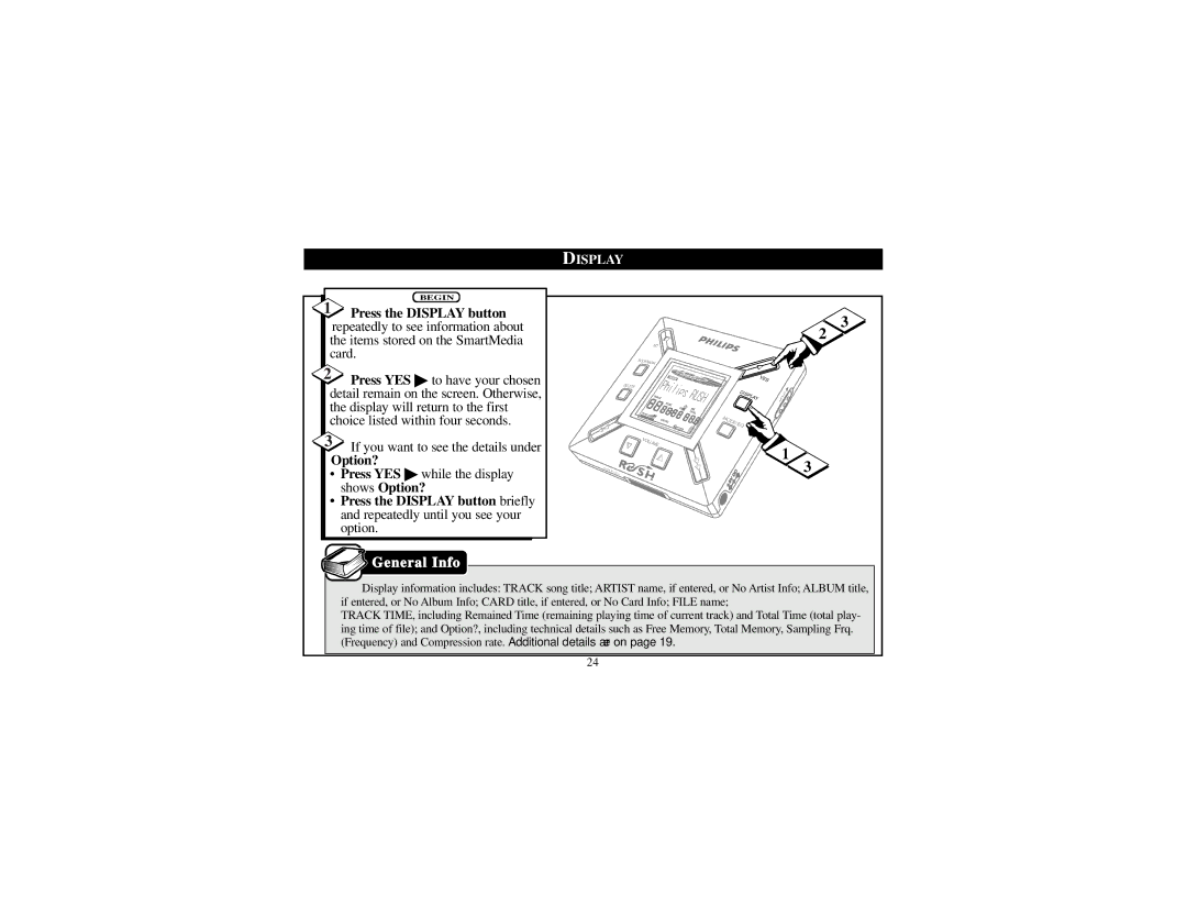 Philips SA101 manual Display, Option? 