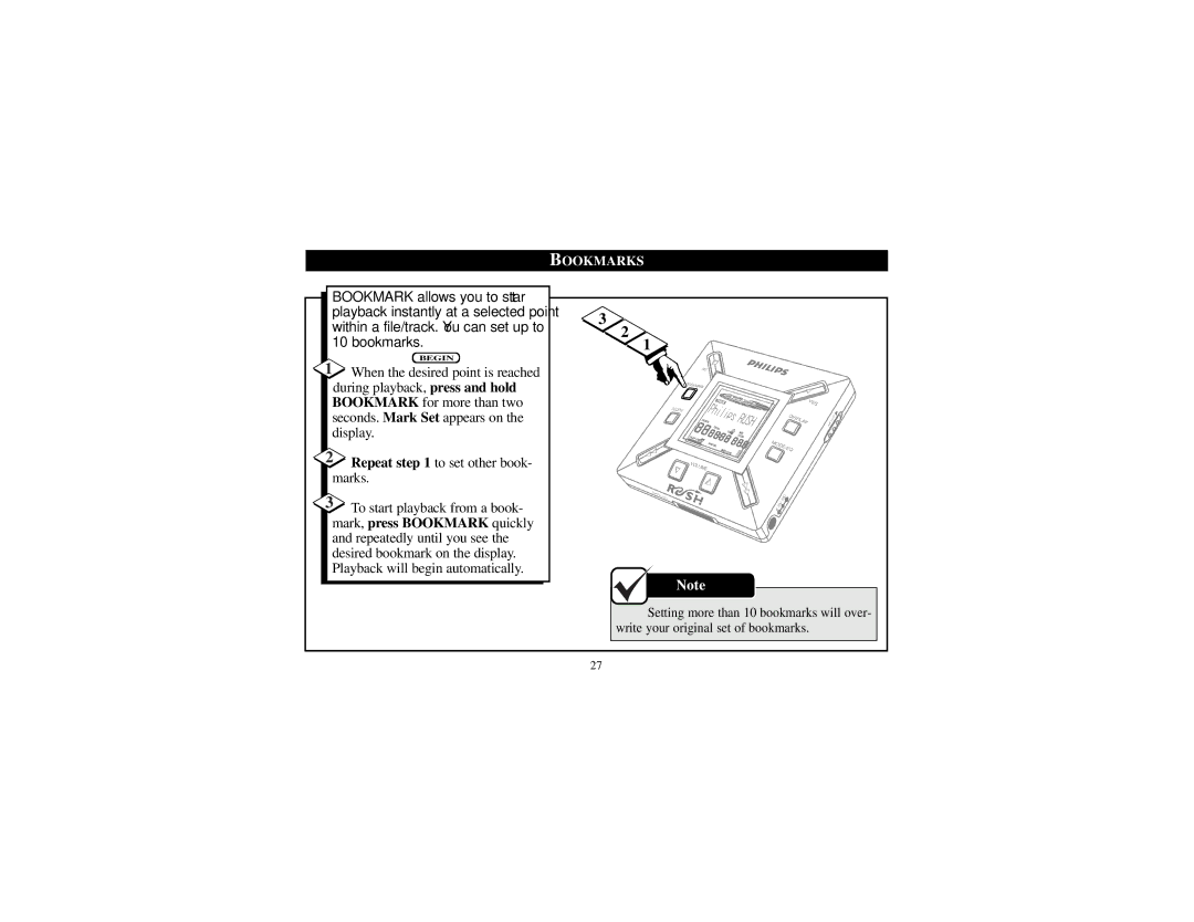 Philips SA101 manual Repeat to set other book- marks, Bookmarks 