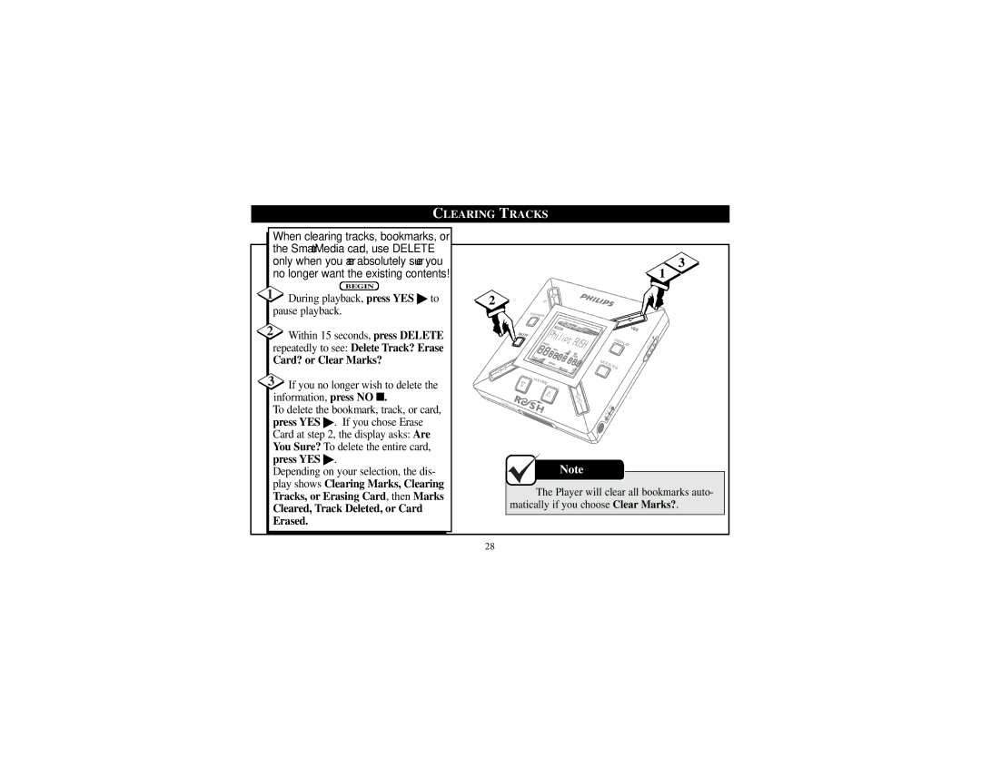 Philips SA101 manual Clearing Tracks, Card? or Clear Marks?, Cleared, Track Deleted, or Card Erased 