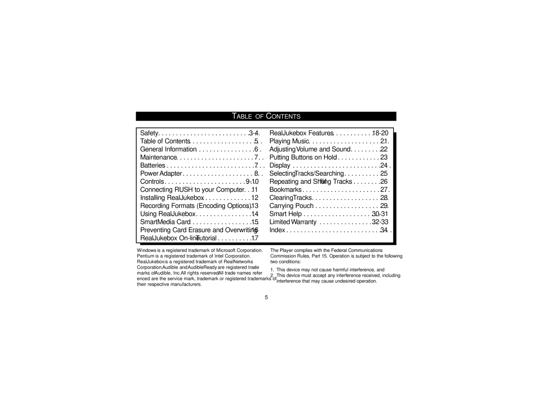 Philips SA101 manual Table of Contents 