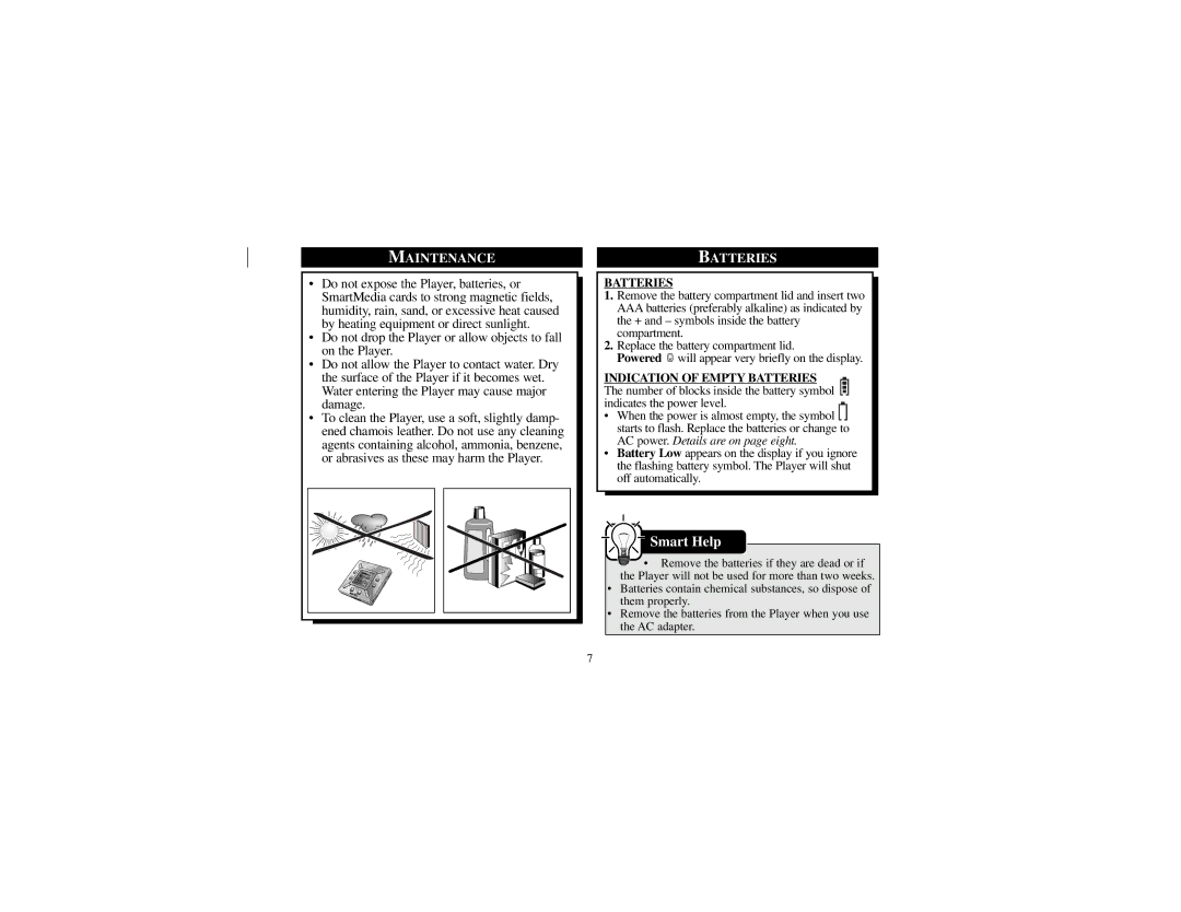 Philips SA101 manual Maintenance, Batteries 