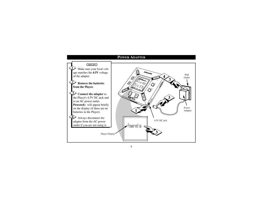 Philips SA101 manual Power Adapter, Remove the batteries 