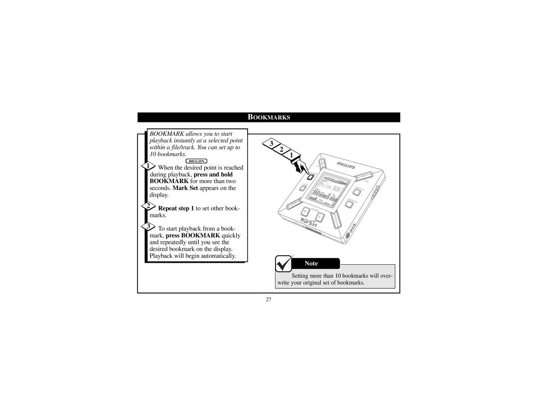 Philips SA101 manual Repeat to set other book- marks, Bookmarks 