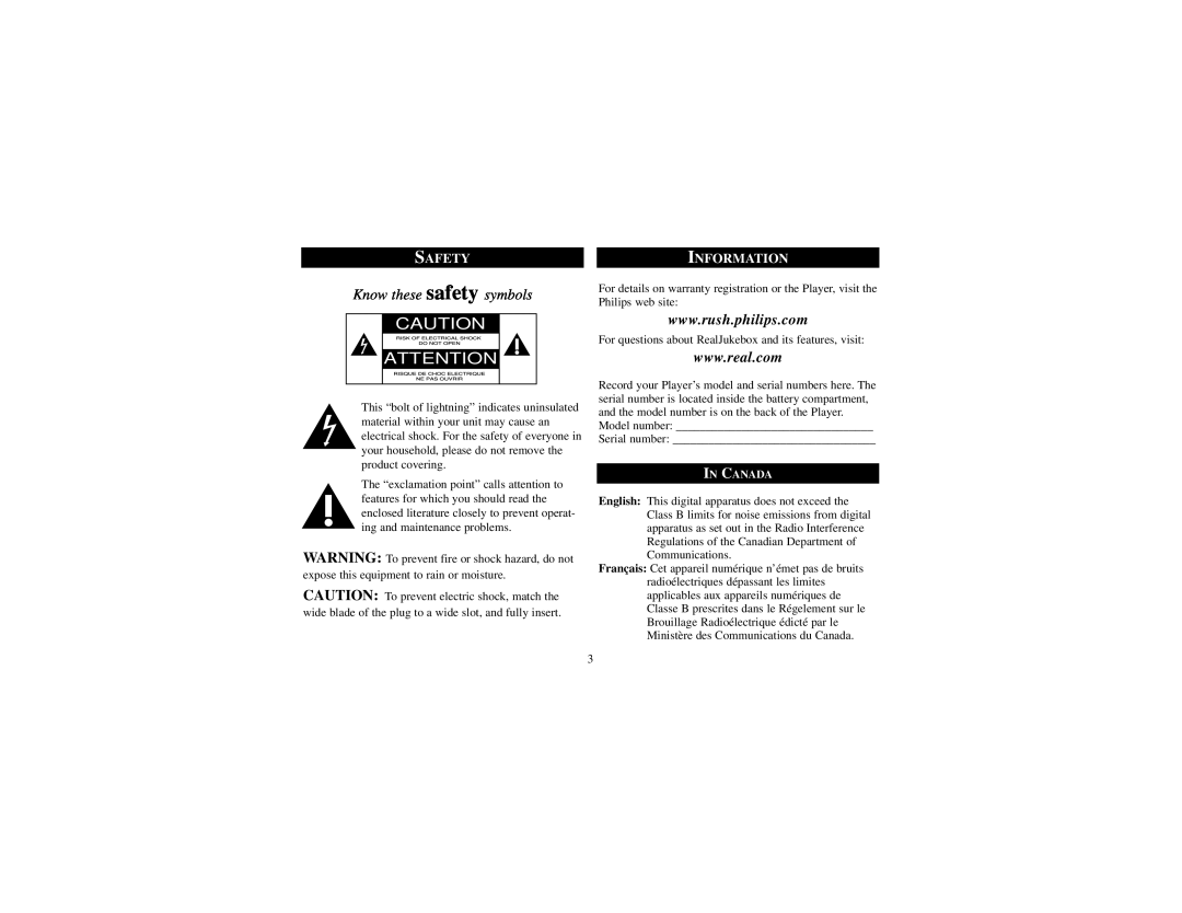 Philips SA101 manual Know these safety symbols, t ATTENTION s, Safety, Information 
