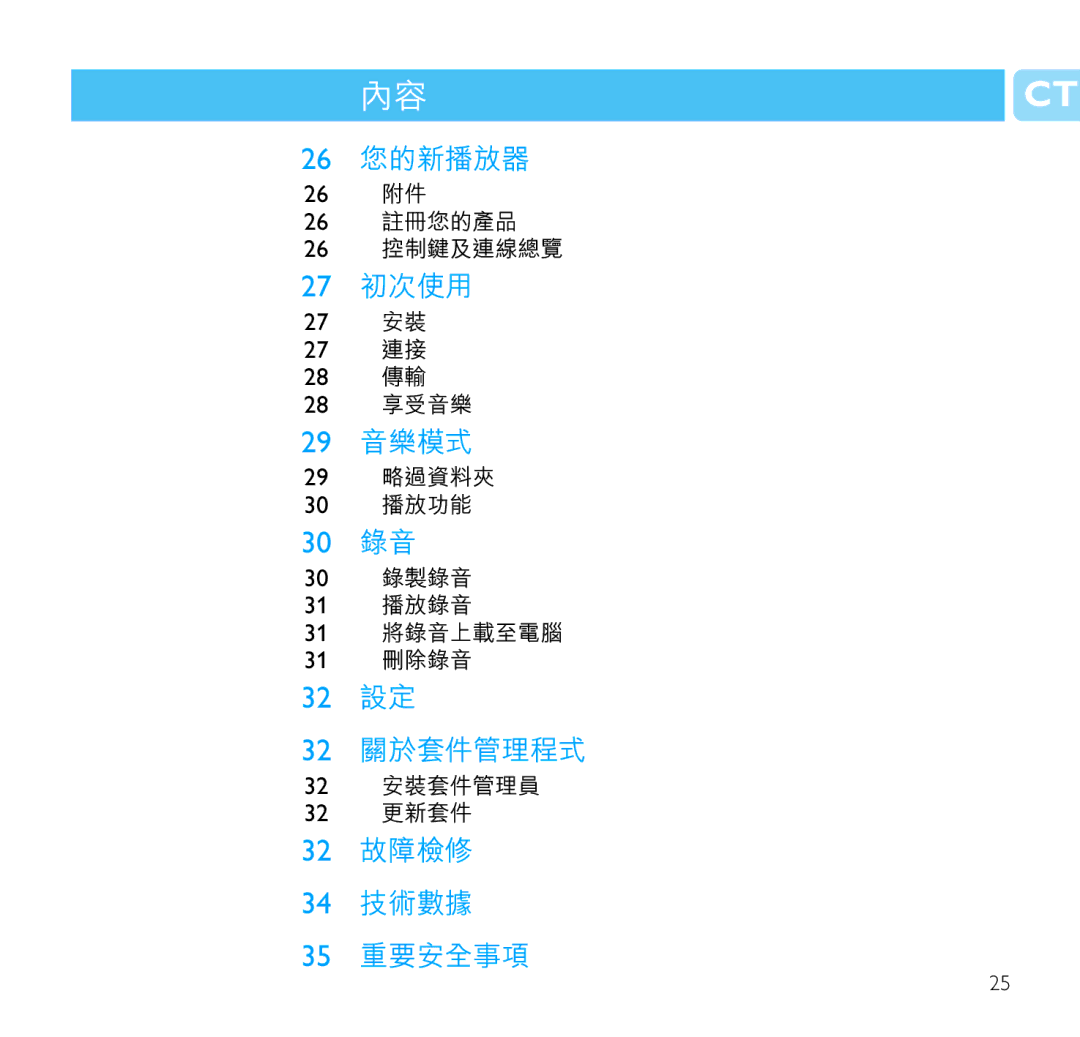 Philips SA1103, SA1106, SA1102, SA1100 manual 26 您的新播放器, 27 初次使用, 29 音樂模式, 30 錄音, 32 設定 32 關於套件管理程式, 32 故障檢修 34 技術數據 35 重要安全事項 