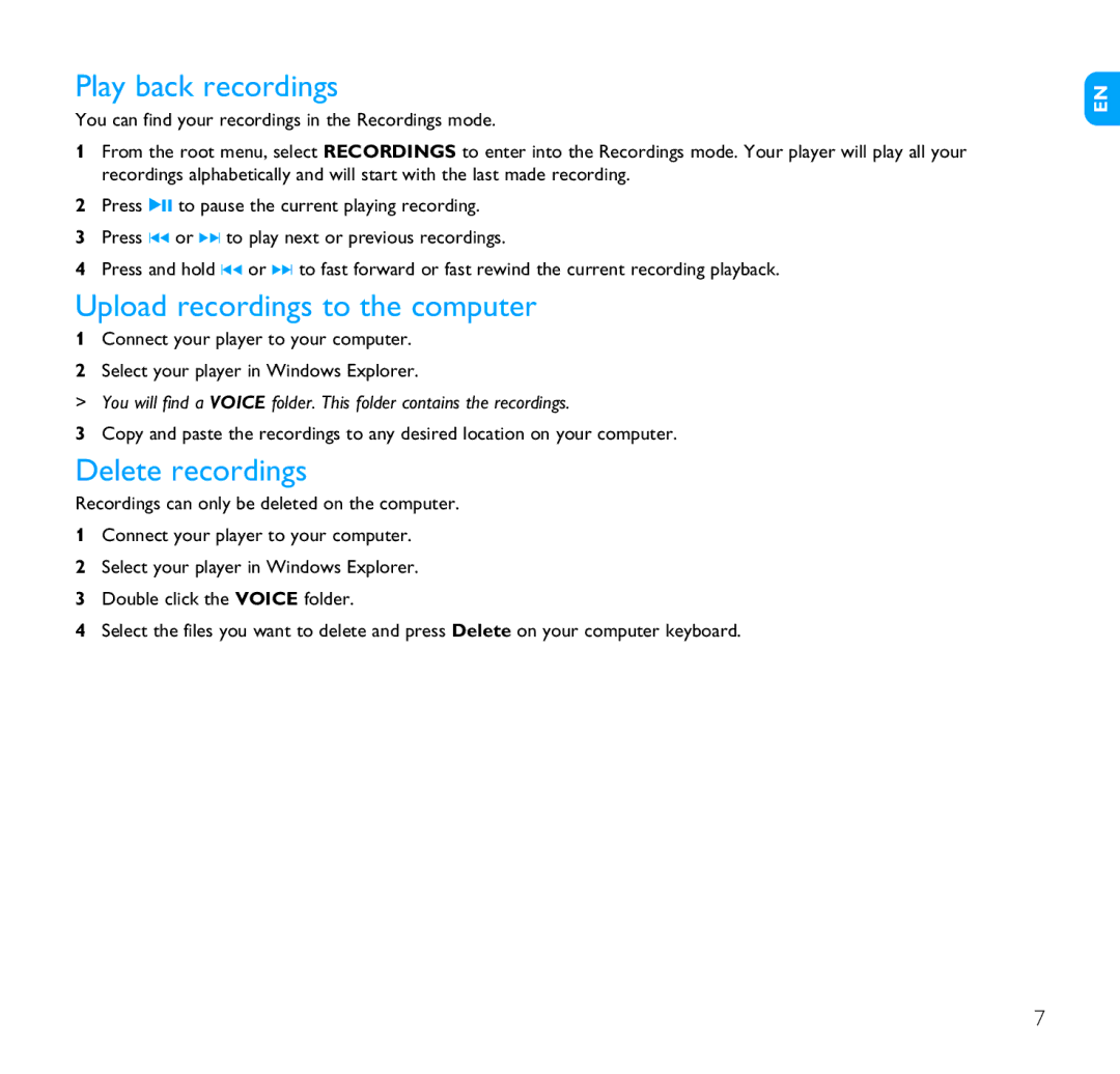 Philips SA1110, SA1106, SA1102, SA1103 user manual Play back recordings, Upload recordings to the computer, Delete recordings 