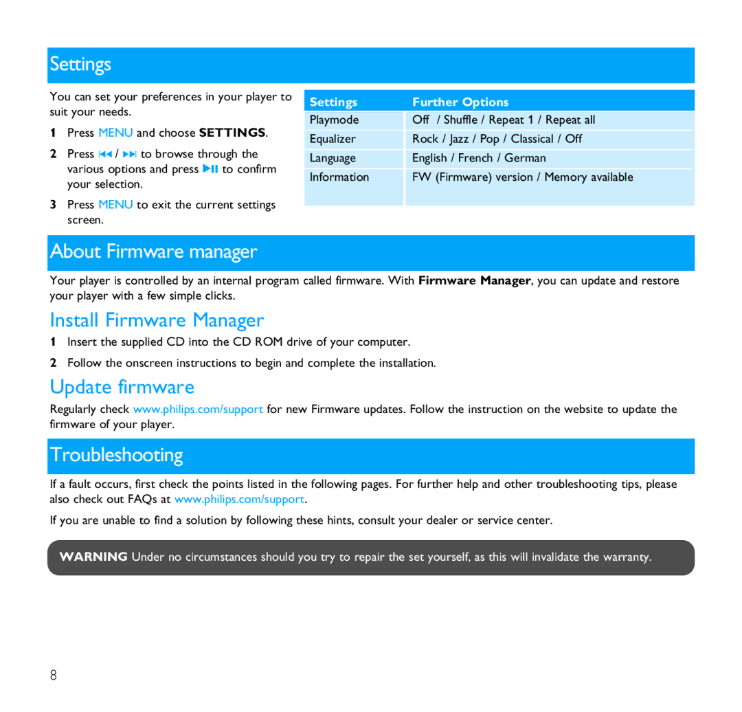 Philips SA1103, SA1106, SA1102 Settings, About Firmware manager, Install Firmware Manager, Update firmware, Troubleshooting 